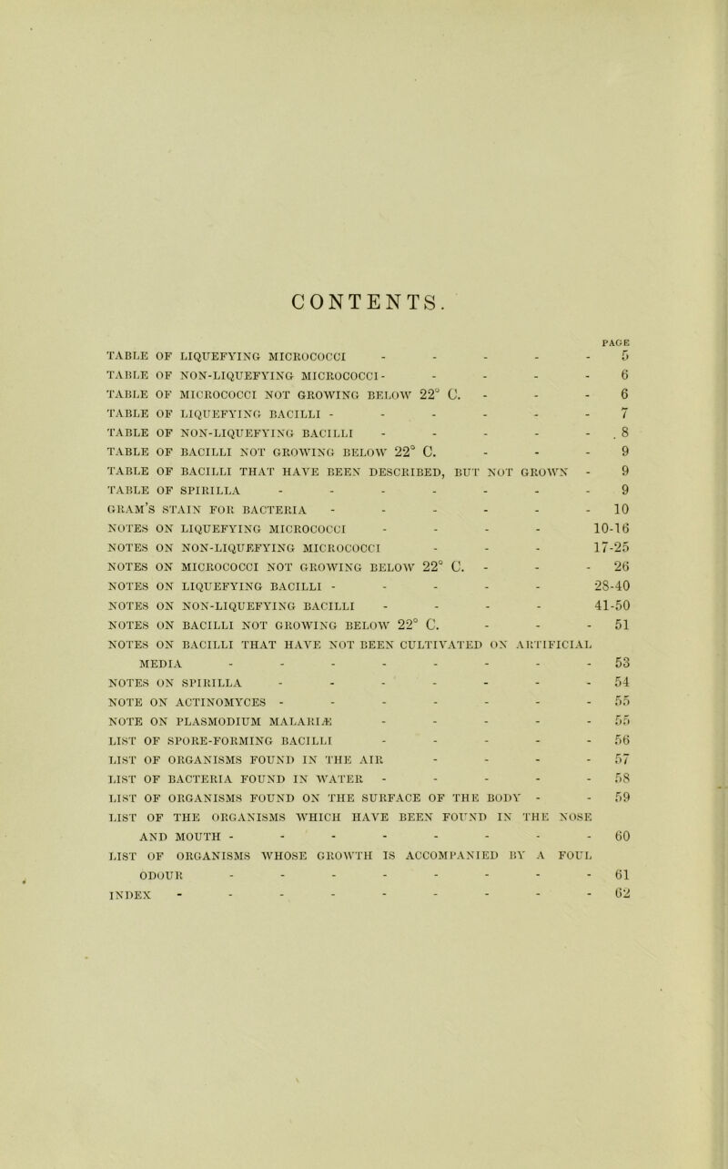 CONTENTS TABLE OF LIQUEFYING MICROCOCCI - . . . - TABLE OF NON-LIQUEFYING MICROCOCCI- . . . . TABLE OF MICROCOCCI NOT GROWING BELOW 22° C. - TABLE OF LIQUEFYING BACILLI ------ TABLE OF NON-LIQUEFYING BACILLI - - - - - TABLE OF BACILLI NOT GROWING BELOW 22° C. - - - TABLE OF BACILLI THAT HAVE BEEN DESCRIBED, BUT NOT GROWN - TABLE OF SPIRILLA gram’s stain FOR BACTERIA ------ NOTES ON LIQUEFYING MICROCOCCI - - - - NOTES ON NON-LIQUEFAMNO MICROCOCCI NOTES ON MICROCOCCI NOT GROWING BELOW 22° C. - NOTES ON LIQUEFYING BACILLI ----- NOTES ON NON-LIQUEFYING BACILLI - - - - NOTES ON BACILLI NOT GROWING BELOW 22° C. - - - NOTES ON BACILLI THAT HAVE NOT BEEN CULTIVATED ON ARTIFICIAL MEDIA -------- PACE 5 6 6 i . 8 9 9 9 10 10-16 17-25 26 28-40 41-50 51 53 NOTES ON SPIRILLA ------- NOTE ON ACTINOMYCES ------- NOTE ON PLASMODIUM MALARIA! - - - - - LIST OF SPORE-FORMING BACILLI . - - - - LIST OF ORGANISMS FOUND IN THE AIR - . - . LIST OF BACTERIA FOUND IN WATER - - - - - LIST OF ORGANISMS FOUND ON THE SURFACE OF THE BODY - LIST OF THE ORGANISMS WHICH HAVE BEEN FOUND IN THE NOSE AND MOUTH -------- LIST OF ORGANISMS WHOSE GROWTH IS ACCOMPANIED BY A FOUL ODOUR -------- INDEX --------- 54 55 55 56 57 58 59 60 61 62