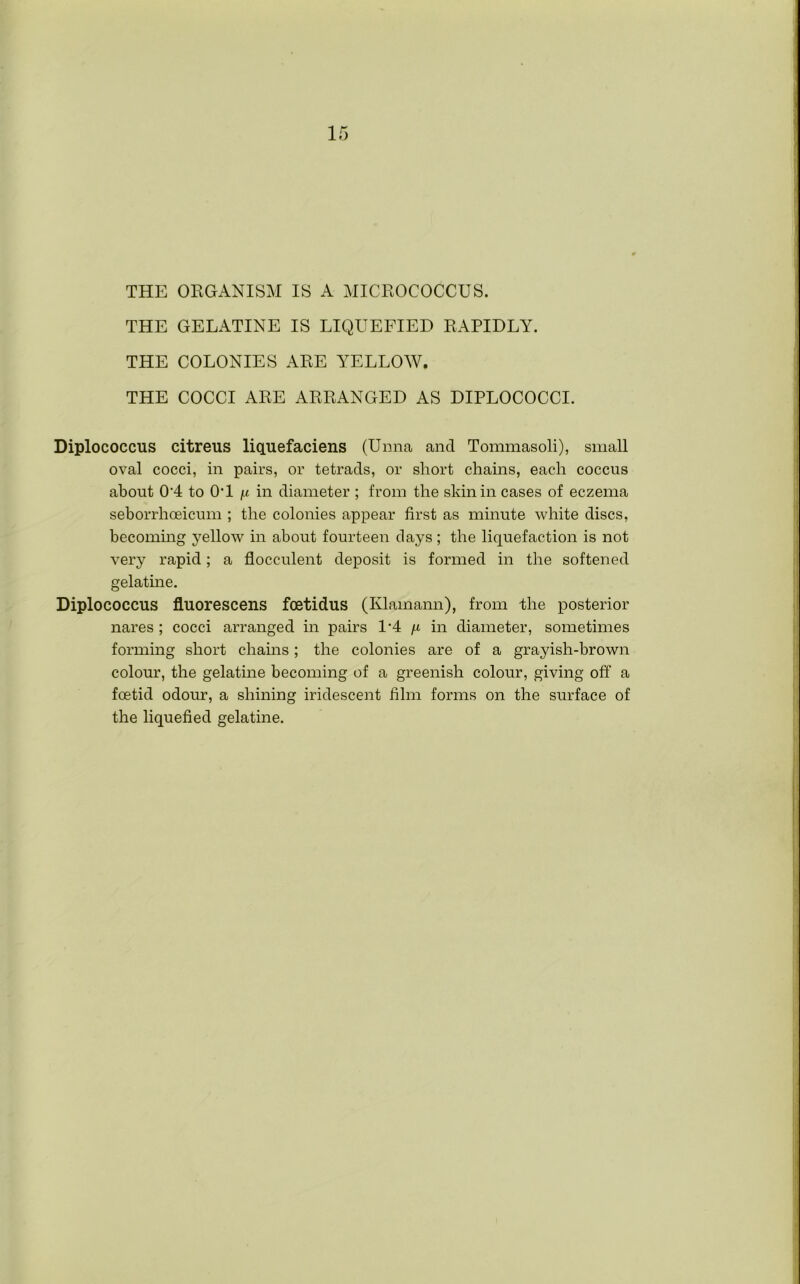 THE OKGANISM IS A MICEOCOCCUS. THE GELATINE IS LIQUEFIED RAPIDLY. THE COLONIES ARE YELLOW. THE COCCI ARE ARRANGED AS DIPLOCOCCI. Diplococcus citreus liquefaciens (Umia and Tommasoli), small oval cocci, in pairs, or tetrads, or short chains, each coccus about 0'4 to O’l i-i in diameter ; from the skin in cases of eczema seborrhoeicum ; the colonies appear first as minute white discs, becommg yellow in about fourteen days ; the liquefaction is not very rapid; a flocculent deposit is formed in the softened gelatme. Diplococcus fluorescens foetidus (Klamann), from the posterior nares ; cocci arranged in pairs 1’4 ^ in diameter, sometimes forming short chains; the colonies are of a grayish-brown colour, the gelatine becoming of a greenish colour, giving off a foetid odour, a shining iridescent film forms on the surface of the liquefied gelatine.