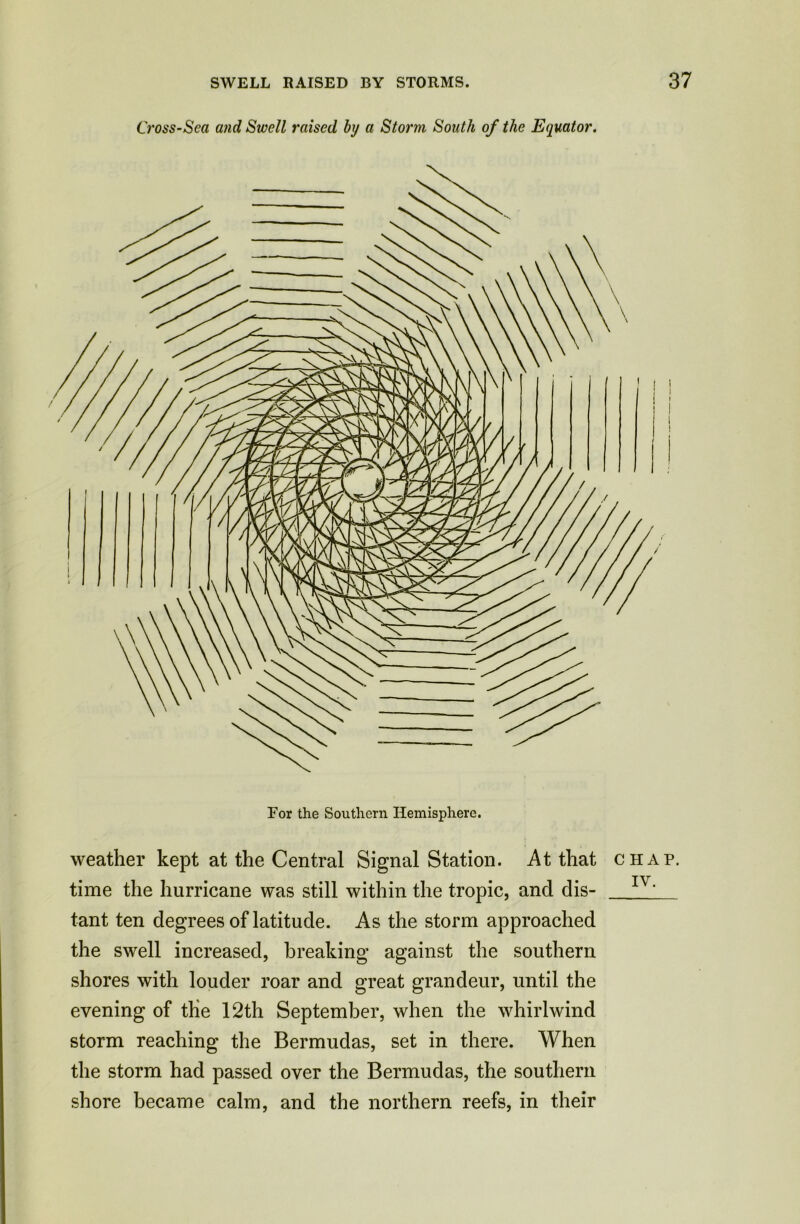 Cross-Sea and Swell raised by a Storm South of the Equator. weather kept at the Central Signal Station. At that chap. time the hurricane was still within the tropic, and dis- 11 ‘ tant ten degrees of latitude. As the storm approached the swell increased, breaking against the southern shores with louder roar and great grandeur, until the evening of the 12th September, when the whirlwind storm reaching the Bermudas, set in there. When the storm had passed over the Bermudas, the southern shore became calm, and the northern reefs, in their