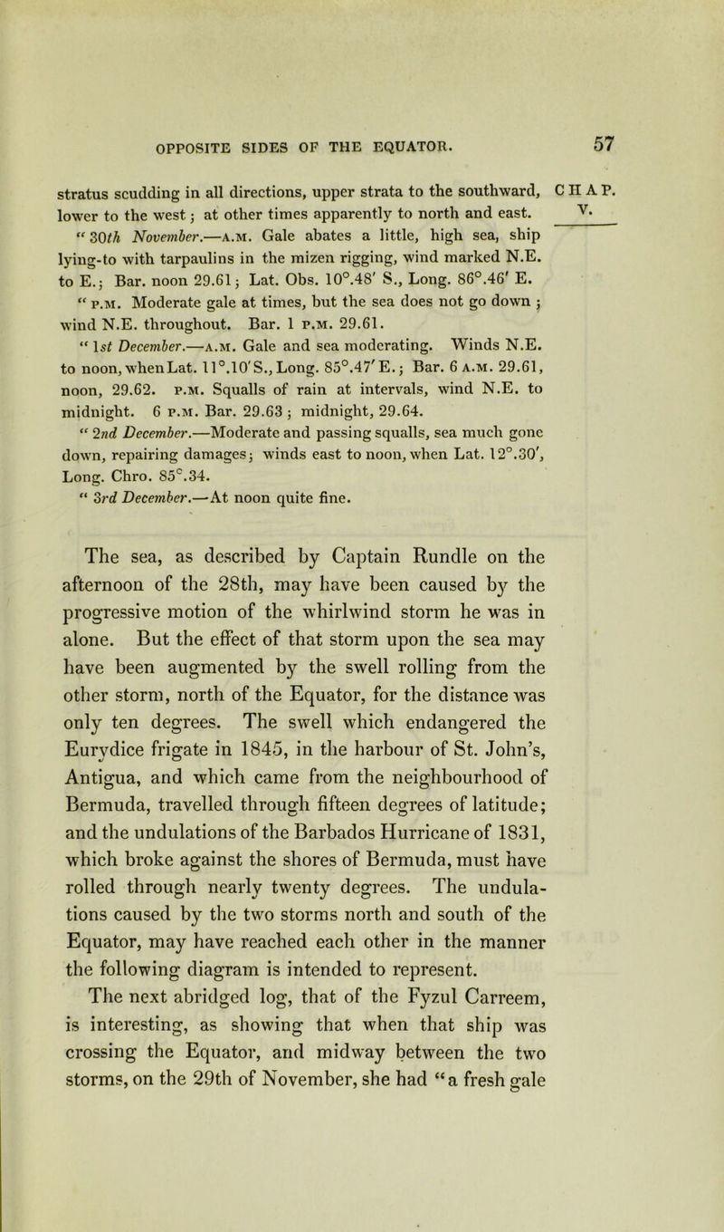 stratus scudding in all directions, upper strata to the southward, lower to the west; at other times apparently to north and east. “ 30th November.—a.m. Gale abates a little, high sea, ship lying-to with tarpaulins in the mizen rigging, wind marked N.E. to E.; Bar. noon 29.61; Lat. Obs. 10°.48' S., Long. 86°.46' E. “ p.m. Moderate gale at times, but the sea does not go down j wind N.E. throughout. Bar. 1 p.m. 29.61. “ 1st December.—a.m. Gale and sea moderating. Winds N.E. to noon, whenLat. 11°.10'S., Long. 85°.47' E.; Bar. 6 a.m. 29.61, noon, 29.62. p.m. Squalls of rain at intervals, wind N.E. to midnight. 6 p.m. Bar. 29.63 ; midnight, 29.64. “ 2nd December.—Moderate and passing squalls, sea much gone down, repairing damages; winds east to noon, when Lat. 12°.30', Long. Chro. 85c.34. “ 3rd December.—-At noon quite fine. The sea, as described by Captain Rundle on the afternoon of the 28th, may have been caused b}^ the progressive motion of the whirlwind storm he was in alone. But the effect of that storm upon the sea may have been augmented by the swell rolling from the other storm, north of the Equator, for the distance was only ten degrees. The swell which endangered the Eurydice frigate in 1845, in the harbour of St. John’s, Antigua, and which came from the neighbourhood of Bermuda, travelled through fifteen degrees of latitude: and the undulations of the Barbados Hurricane of 1831, which broke against the shores of Bermuda, must have rolled through nearly twenty degrees. The undula- tions caused by the two storms north and south of the Equator, may have reached each other in the manner the following diagram is intended to represent. The next abridged log, that of the Fyzul Carreem, is interesting, as showing that when that ship was crossing the Equator, and midway between the two storms, on the 29th of November, she had “a fresh gale CHAP. Y.