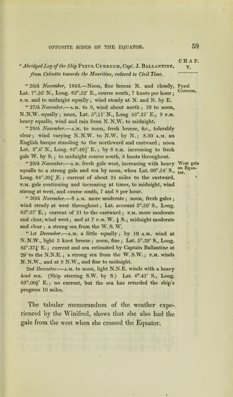 “ Abridged Log of the S/m^Fyzul Curreem, Capt. J. Ballantine, from Calcutta towards the Mauritius, reduced to Civil Time. “ 26th November, 1S43.—Noon, fine breeze N. and cloudy, Lat. 7°.50' N., Long. 83°.52' E., course south, 7 knots per hour; p.m. and to midnight squally ; wind steady at N. and N. by E. “ 27th November.—a.m. to 9, wind about north; 10 to noon, N.N.W. squally; noon, Lat. 5°.ll' N., Long 83°.31' E.; 9 p.m. heavjr squalls, wind and rain from N. N.W. to midnight. “ 28th November.—a.m. to noon, fresh breeze, &c., tolerably clear; wind varying N.N.W. to N.W. by N.; 8.30 a.m. an English barque standing to the northward and eastward; noon Lat. 2°.6' N., Long. 83°.40;|' E. ; by 8 p.m. increasing to fresh gale W. by S.; to midnight course south, 8 knots throughout. “29th November.—a.m. fresh gale west, increasing with heavy squalls to a strong gale and sea by noon, when Lat. 00°.54' S., Long. 84°.304'JE. ; current of about 24 miles to the eastward. p.m. gale continuing and increasing at times, to midnight, wind strong at west, and course south, 7 and 8 per hour. “ 30th November.—8 a.m. more moderate ; noon, fresh gales ; wind steady at west throughout; Lat. account 3°.50' S., Long. 85°.27' E.; current of 21 to the eastward ; p.m. more moderate and clear, wind west; and at 7 p.m. W. § S.; midnight moderate and clear ; a strong sea from the W. S. W. “ 1 st December.—a.m. a little squally; by 10 a.m. wind at N.N.W., light 3 knot breeze; noon, fine; Lat. 5°.39' S., Long. 85°.37^' E.; current and sea estimated by Captain Ballantine at 29' to the N.N.E.; a strong sea from the W. S.W.; p.m. winds N. N.W., and at 9 N.W., and fine to midnight. 2nd December.—a.m. to noon, light N.N.E. winds with a heavy head sea. (Ship steering S.W. by S.) Lat. 6°.41' S., Long. 85°.00f' E.; no current, but the sea has retarded the ship’s progress 10 miles. The tabular memorandum of the weather expe- rienced by the Winifred, shows that she also had the gale from the west when she crossed the Equator. 59 CHAP. V. Fyzul Curreem. West gale on Equa- tor.