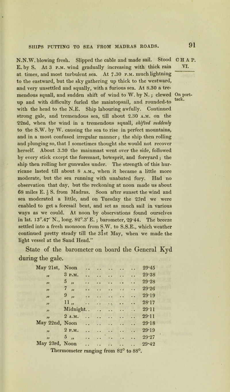 N.N.W. blowing fresh. Slipped the cable and made sail. Stood CHAP. E. by S. At 3 p.m. wind gradually increasing with thick rain VI. at times, and most turbulent sea. At 7-30 p.m. much lightning to the eastward, but the sky gathering up thick to the westward, and very unsettled and squally, with a furious sea. At 8.30 a tre- mendous squall, and sudden shift of wind to W. by N.; clewed On port- up and with difficulty furled the maintopsail, and rounded-to with the head to the N.E. Ship labouring awfully. Continued strong gale, and tremendous sea, till about 2.30 a.m. on the 22nd, when the wind in a tremendous squall, shifted suddenly to the S.W. by W. causing the sea to rise in perfect mountains, and in a most confused irregular manner; the ship then rolling and plunging so, that I sometimes thought she would not recover herself. About 3.30 the mainmast went over the side, followed by every stick except the foremast, bowsprit, and foreyard; the ship then rolling her gunwales under. The strength of this hur- ricane lasted till about 8 a.m., when it became a little more moderate, but the sea running with unabated fury. Had no observation that day, but the reckoning at noon made us about 68 miles E. \ S. from Madras. Soon after sunset the wind and sea moderated a little, and on Tuesday the 23rd we were enabled to get a foresail bent, and set as much sail in various ways as we could. At noon by observations found ourselves in lat. 13°.47' N., long. 82°.3' E. ; barometer, 29’44. The breeze settled into a fresh monsoon from S.W. to S.S.E., which weather continued pretty steady till the 31st May, when we made the light vessel at the Sand Head.” State of the barometer on board the General Kyd during the gale. May 21st, Noon 29*45 » 3 P.M 29*38 yy 5 „ .. .. 29*28 yy 7 „ .... 29*26 yy 9 „ .... 29*19 yy 11* •• •• 28*17 yy Midnight.. 29*11 yy 2 A.M 29*11 May 22nd, Noon 29*18 yy 2 P.M 29*19 yy 5 „ .... 29*27 May 23rd, Noon 29*42 Thermometer ranging from 82° to 88°.