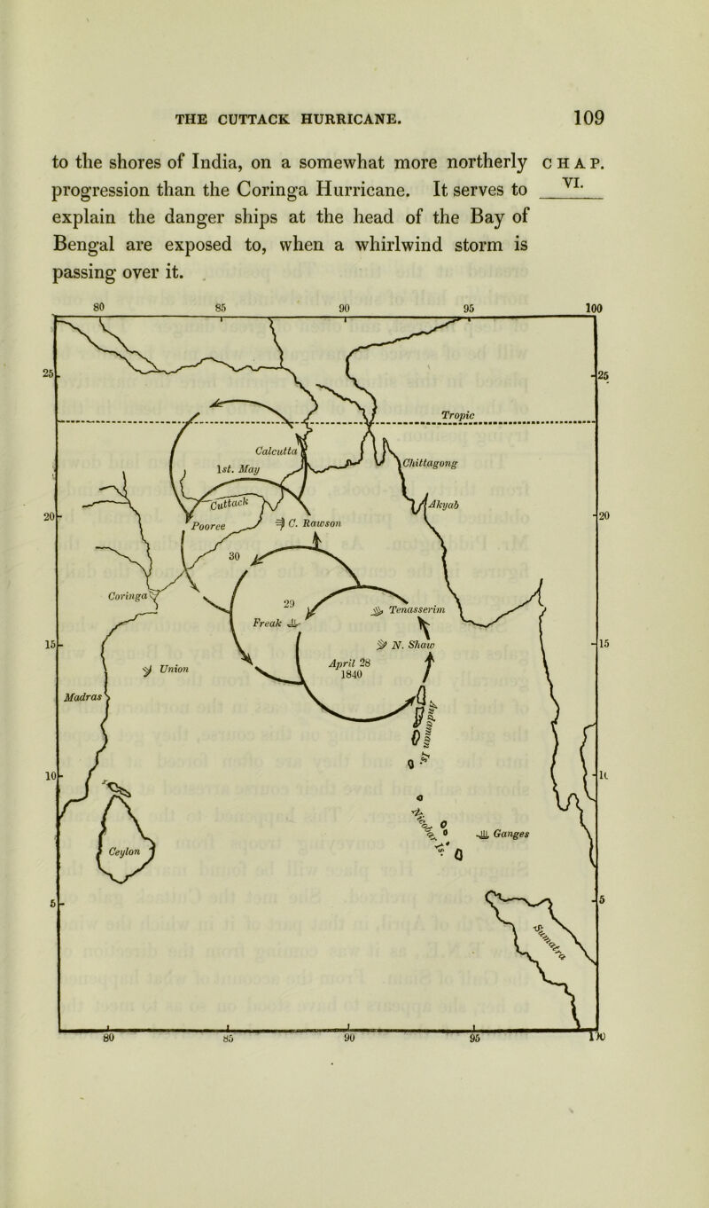 to the shores of India, on a somewhat more northerly chap. progression than the Coringa Hurricane. It serves to VL explain the danger ships at the head of the Bay of Bengal are exposed to, when a whirlwind storm is passing over it. Tropic Calcutta Chittagont ^j) C. Rawson Pooree Tenasserim Freak 5^ N. Sliaiv Union Madras -4U, Ganges