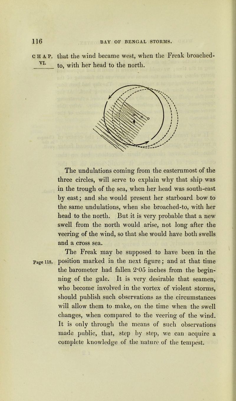 CHAP. YI. Page 118. that the wind became west, when the Freak broached- to, with her head to the north. The undulations coming from the easternmost of the three circles, will serve to explain why that ship was in the trough of the sea, when her head was south-east by east; and she would present her starboard bow to the same undulations, when she broached-to, with her head to the north. But it is very probable that a newr swell from the north would arise, not long after the veering of the wind, so that she would have both swells and a cross sea. The Freak may be supposed to have been in the position marked in the next figure; and at that time the barometer had fallen 2*05 inches from the begin- ning of the gale. It is very desirable that seamen, who become involved in the vortex of violent storms, should publish such observations as the circumstances will allow them to make, on the time when the swell changes, when compared to the veering of the wind. It is onlv through the means of such observations made public, that, step by step, we can acquire a complete knowledge of the nature of the tempest.