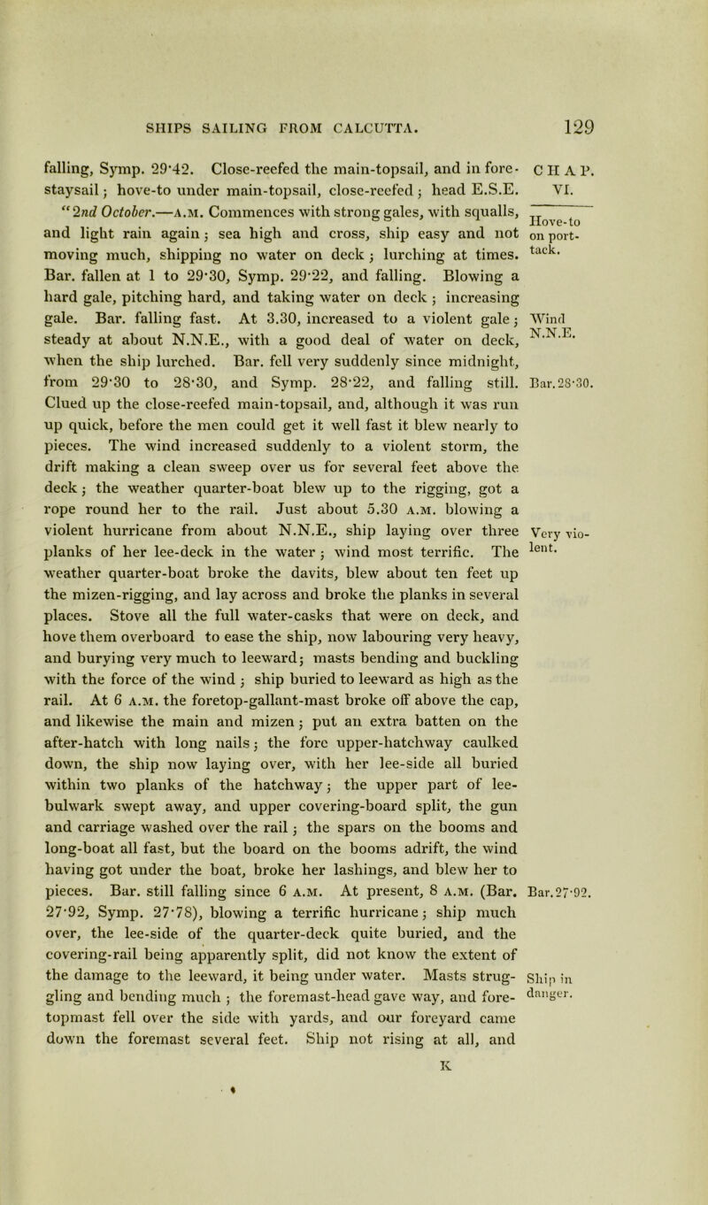 falling, Symp. 29*42. Close-reefed the main-topsail, and in fore- staysail; hove-to under main-topsail, close-reefed ; head E.S.E. “2nd October.—a.m. Commences with strong gales, with squalls, and light rain again ; sea high and cross, ship easy and not moving much, shipping no water on deck ; lurching at times. Bar. fallen at 1 to 29*30, Symp. 29*22, and falling. Blowing a hard gale, pitching hard, and taking water on deck ; increasing gale. Bar. falling fast. At 3.30, increased to a violent gale ; steady at about N.N.E., with a good deal of water on deck, when the ship lurched. Bar. fell very suddenly since midnight, from 29*30 to 28*30, and Symp. 28*22, and falling still. Clued up the close-reefed main-topsail, and, although it was run up quick, before the men could get it well fast it blew nearly to pieces. The wind increased suddenly to a violent storm, the drift making a clean sweep over us for several feet above the deck ; the weather quarter-boat blew up to the rigging, got a rope round her to the rail. Just about 5.30 a.m. blowing a violent hurricane from about N.N.E., ship laying over three planks of her lee-deck in the water ; wind most terrific. The weather quarter-boat broke the davits, blew about ten feet up the mizen-rigging, and lay across and broke the planks in several places. Stove all the full water-casks that were on deck, and hove them overboard to ease the ship, now labouring very heavy, and burying very much to leeward; masts bending and buckling with the force of the wind ; ship buried to leeward as high as the rail. At 6 a.m. the foretop-gallant-mast broke off above the cap, and likewise the main and mizen; put an extra batten on the after-hatch with long nails; the fore upper-hatchway caulked down, the ship now laying over, with her lee-side all buried within two planks of the hatchway; the upper part of lee- bulwark swept away, and upper covering-board split, the gun and carriage washed over the rail; the spars on the booms and long-boat all fast, but the board on the booms adrift, the wind having got under the boat, broke her lashings, and blew her to pieces. Bar. still falling since 6 a.m. At present, 8 a.m. (Bar. 27*92, Symp. 27*78), blowing a terrific hurricane; ship much over, the lee-side of the quarter-deck quite buried, and the covering-rail being apparently split, did not know the extent of the damage to the leeward, it being under water. Masts strug- gling and bending much ; the foremast-head gave way, and fore- topmast fell over the side with yards, and our foreyard came down the foremast several feet. Ship not rising at all, and C H A P. VI. Hove-to on port- tack. Wind N.N.E. Bar. 28-30. Very vio lent. Bar. 27*92. Ship in danger. Iv