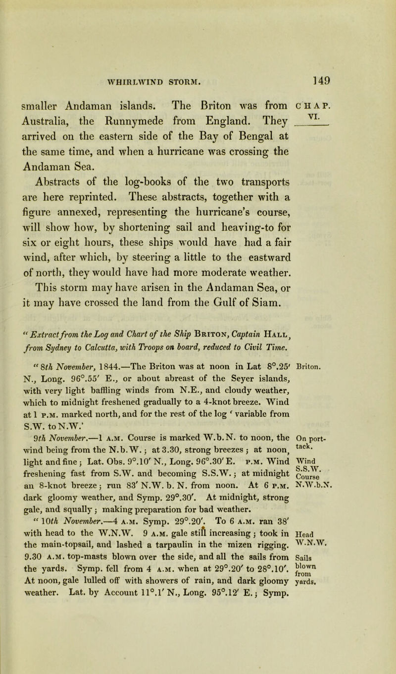 smaller Andaman islands. The Briton was from chap. Australia, the Runnymede from England. They VL arrived on the eastern side of the Bay of Bengal at the same time, and when a hurricane was crossing the Andaman Sea. Abstracts of the log-books of the two transports are here reprinted. These abstracts, together with a figure annexed, representing the hurricane’s course, will show how, by shortening sail and heaving-to for six or eight hours, these ships would have had a fair wind, after which, by steering a little to the eastward of north, they would have had more moderate weather. This storm may have arisen in the Andaman Sea, or it may have crossed the land from the Gulf of Siam. “ Extract from the Log and Chart of the Ship Briton, Captain Hall, from Sydney to Calcutta, with Troops on hoard, reduced to Civil Tune. “8th November, 1844.—The Briton was at noon in Lat 8°.25' Briton. N., Long. 96°.55' E., or about abreast of the Seyer islands, with very light baffling winds from N.E., and cloudy weather, which to midnight freshened gradually to a 4-knot breeze. Wind at 1 p.m. marked north, and for the rest of the log f variable from S.W. toN.W.’ 9th November.—1 a.m. Course is marked W.b.N. to noon, the On port- wind being from the N.b. W.3 at 3.30, strong breezes 3 at noon, tack* light and fine 3 Lat. Obs. 9°. 10' N., Long. 96°.30' E. p.m. Wind Wind freshening fast from S.W. and becoming S.S.W. 3 at midnight course an 8-knot breeze 3 run 83'N.W. b. N. from noon. At 6 p.m. N.W.b.X. dark gloomy weather, and Symp. 29°.30'. At midnight, strong gale, and squally 3 making preparation for bad weather. “ 10th November.—4 a.m. Symp. 29°.20'. To 6 a.m. ran 38' with head to the W.N.W. 9 a.m. gale stifl increasing 3 took in Head the main-topsail, and lashed a tarpaulin in the mizen rigging. W.N.W. 9.30 a.m. top-masts blown over the side, and all the sails from Sails the yards. Symp. fell from 4 a.m. when at 29°.20'to 28°.10'. At noon, gale lulled off with showers of rain, and dark gloomy yards, weather. Lat. by Account 11°.1'N., Long. 95°.12'E.3 Symp.