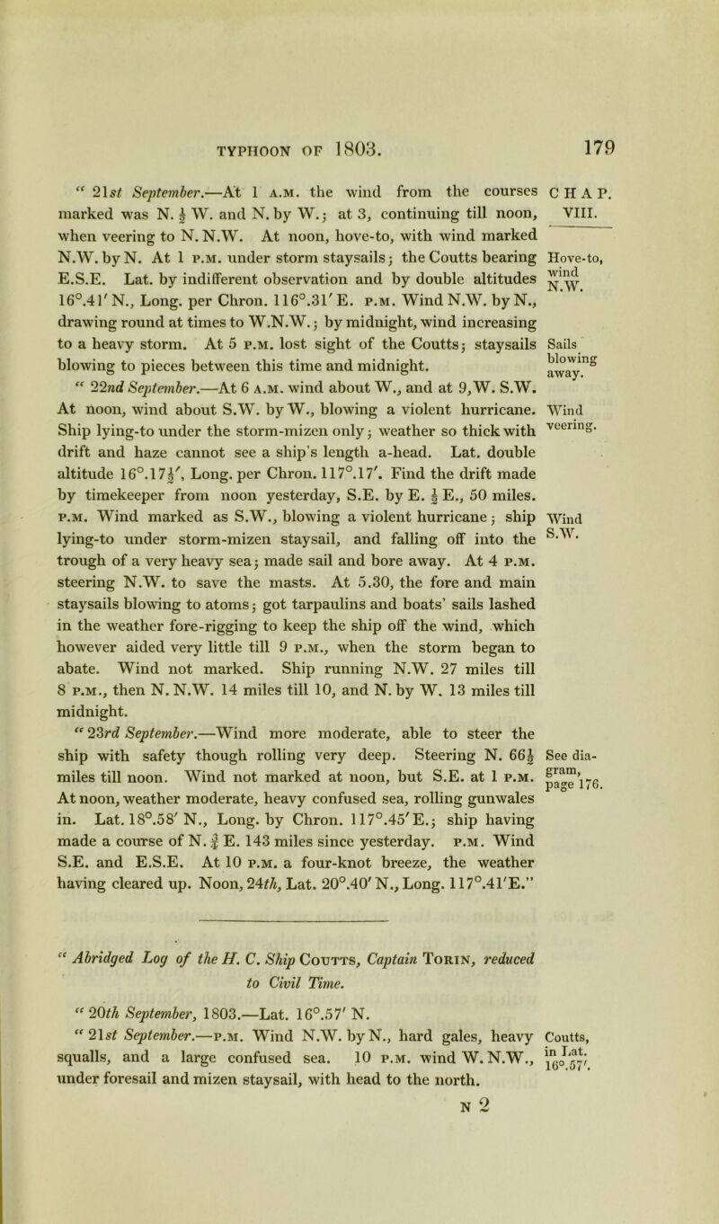 “ 21^ September.—At 1 a.m. the wind from the courses marked was N. | W. and N. by W.; at 3, continuing till noon, when veering to N. N.W. At noon, hove-to, with wind marked N.W. byN. At 1 p.m. under storm staysails; the Coutts bearing E.S.E. Lat. by indifferent observation and by double altitudes 16°.417 N., Long, per Chron. 116°.3rE. p.m. Wind N.W. byN., drawing round at times to W.N.W.; by midnight, wind increasing to a heavy storm. At 5 p.m. lost sight of the Coutts; staysails blowing to pieces between this time and midnight. “ 22nd September.—At 6 a.m. wind about W., and at 9,W. S.W. At noon, wind about S.W. by W., blowing a violent hurricane. Ship lying-to under the storm-mizen only; weather so thick with drift and haze cannot see a ship’s length a-head. Lat. double altitude 16°.17£', Long, per Chron. 117°. 17'. Find the drift made by timekeeper from noon yesterday, S.E. by E. \ E., 50 miles. p.m. Wind marked as S.W., blowing a violent hurricane; ship lying-to under storm-mizen staysail, and falling off into the trough of a very heavy sea; made sail and bore away. At 4 p.m. steering N.W. to save the masts. At 5.30, the fore and main staysails blowing to atoms; got tarpaulins and boats’ sails lashed in the weather fore-rigging to keep the ship off the wind, which however aided very little till 9 p.m., when the storm began to abate. Wind not marked. Ship running N.W. 27 miles till 8 p.m., then N. N.W. 14 miles till 10, and N. by W. 13 miles till midnight. “ 23rd September.—Wind more moderate, able to steer the ship with safety though rolling very deep. Steering N. 66\ miles till noon. Wind not marked at noon, but S.E. at 1 p.m. At noon, weather moderate, heavy confused sea, rolling gunwales in. Lat. 18°.58/N., Long, by Chron. 1170.45'E.; ship having made a course of N. f E. 143 miles since yesterday, p.m. Wind S.E. and E.S.E. At 10 p.m. a four-knot breeze, the weather having cleared up. Noon, 2Ath, Lat. 20°.40' N., Long. 117°.4rE.” “ Abridged Log of the H. C. Ship Coutts, Captain Torin, reduced to Civil Time. “ 20^4 September, 1803.—Lat. 16°.57' N. “21 st September.—p.m. Wind N.W. byN., hard gales, heavy squalls, and a large confused sea. 10 p.m. wind W. N.W., under foresail and mizen staysail, with head to the north. N 2 CHAP. VIII. Hove-to, wind N.W. Sails blowing away. Wind veering. Wind S.W. See dia- gram, page 176. Coutts, in Lat. 16°.57'.