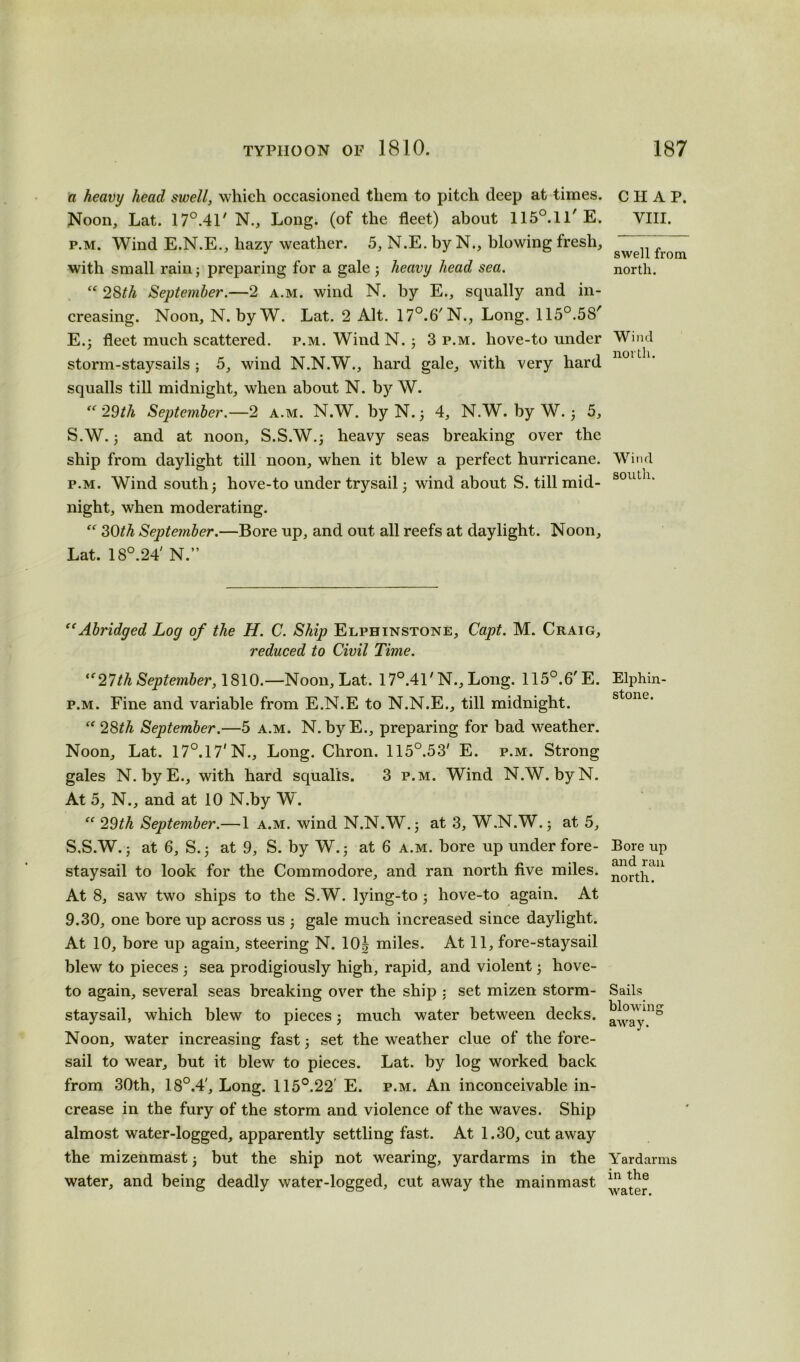 a heavy head swell, which occasioned them to pitch deep at times. Noon, Lat. 17°.4r N., Long, (of the fleet) about 115°.ll'E. p.m. Wind E.N.E., hazy weather. 5, N.E. by N., blowing fresh, with small rain; preparing for a gale ; heavy head sea. “ 28th September.—2 a.m. wind N. by E., squally and in- creasing. Noon, N. byW. Lat. 2 Alt. 17°.6'N., Long. 115°.58' E.; fleet much scattered, p.m. WindN.; 3 p.m. hove-to under storm-staysails ; 5, wind N.N.W., hard gale, with very hard squalls till midnight, when about N. by W. “ '29th September.—2 a.m. N.W. by N.; 4, N.W. by W. ; 5, S.W. ; and at noon, S.S.W.; heavy seas breaking over the ship from daylight till noon, when it blew a perfect hurricane. p.m. Wind south; hove-to under trysail; wind about S. till mid- night, when moderating. f<r 30th September.—Bore up, and out all reefs at daylight. Noon, Lat. 18°.24' N.” “Abridged Log of the H. C. Ship Elphinstone, Capt. M. Craig, reduced to Civil Time. tf 21th September, 1810.—Noon, Lat. 17°.41' N., Long. 115°.6'E. p.m. Fine and variable from E.N.E to N.N.E., till midnight. “ 28M September.—5 a.m. N. byE., preparing for bad weather. Noon, Lat. 17°.17'N., Long. Chron. 115°.53' E. p.m. Strong gales N. byE., with hard squalls. 3 p.m. Wind N.W. by N. At 5, N., and at 10 N.by W. “ 29th September.—1 a.m. wind N.N.W.; at 3, W.N.W.; at 5, S.S.W.; at 6, s.; at 9, S. by W.; at 6 a.m. bore up under fore- staysail to look for the Commodore, and ran north five miles. At 8, saw two ships to the SW. lying-to ; hove-to again. At 9.30, one bore up across us ; gale much increased since daylight. At 10, bore up again, steering N. 10| miles. At 11, fore-staysail blew to pieces ; sea prodigiously high, rapid, and violent; hove- to again, several seas breaking over the ship : set mizen storm- staysail, which blew to pieces; much water between decks. Noon, water increasing fast; set the weather clue of the fore- sail to wear, but it blew to pieces. Lat. by log worked back from 30th, 18°.4', Long. 115°.22' E. p.m. An inconceivable in- crease in the fury of the storm and violence of the waves. Ship almost water-logged, apparently settling fast. At 1.30, cut away the mizenmast; but the ship not wearing, yardarms in the water, and being deadly water-logged, cut away the mainmast CHAP. VIII. swell from north. Wind north. Wind south. Elphin- stone. Bore up and ran north. Sails blowing away. Yardarms in the water.