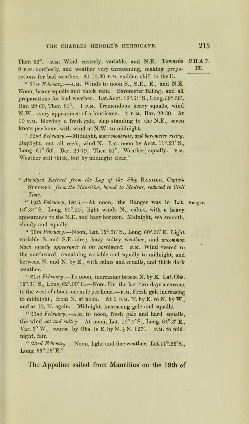 Ther. 62°. p.m. Wind easterly, variable, and N.E. Towards CHAP. 9 p.m. northerly, and weather very threatening, making prepa- IX. rations for bad weather. At 10.30 p.m. sudden shift to theE. “ 21s£ February.—a.m. Winds to noon S., S.E., E., and N.E. Noon, heavy squalls and thick rain. Barometer falling, and all preparations for bad weather. Lat.Acct. 12°.51'S., Long.59°.38'. Bar. 29'60, Ther. 81°. 1 p.m. Tremendous heavy squalls, wind N.W., every appearance of a hurricane. 7 p.m. Bar. 29*30. At 10 p.m. blowing a fresh gale, ship standing to the N.E., seven knots per hour, with wind at N.W. to midnight. “ 22nd February.—Midnight, more moderate, and barometer rising. Daylight, out all reefs, wind N. Lat. noon by Acct. 11°.2T S., Long. 61°.60'. Bar. 29*79, Ther. 81°. Weather! squally, p.m. Weather still thick, but by midnight clear.” (C Abridged Extract from the Log of the Ship Ranger, Captain Stepney, from the Mauritius, bound to Madras, reduced to Civil Time. “ 1 Qth February, 1S45.—At noon, the Ranger was in Lat. Ranger. 13°.34' S., Long. 60°.20'; light winds N., calms, with a heavy appearance to the N.E. and hazy horizon. Midnight, sea smooth, cloudy and squally. “ ZOth February.—Noon, Lat. 12°.56'S., Long. 60°.53/E. Light variable S. and S.E. airs5 hazy sultry weather, and uncommon black squally appearance to the northward, p.m. Wind veered to the northward, remaining variable and squally to midnight, and between N. and N. by E., with calms and squalls, and thick dark weather. “21 st February.—To noon, increasing breeze N. by E. Lat. Obs. 12°.31'S., Long. 62°.00/E.—Note. For the last two days a current to the west of about one mile per hour.—p.m. Fresh gale increasing to midnight j from N. at noon. At 5 p.m. N. by E. to N. by W., and at 12, N. again. Midnight, increasing gale and squalls. “22nd February.—a.m. to noon, fresh gale and hard squalls, the wind not and sultry. At noon, Lat. 12°.0' S., Long. 64°.3' E., Yar. 5° W., course by Obs. is E. by N. | N. 127'. p.m. to mid- night, fair. “ 23 rd February.—Noon, light and fine weather. Lat.ll°.26'S., Long. 66°.18' E.” The Appoline sailed from Mauritius on the 19th of