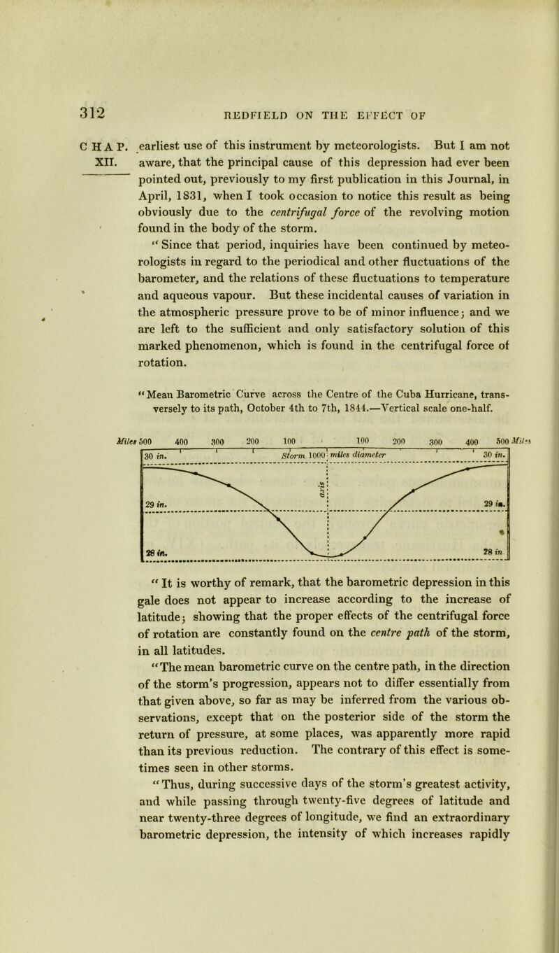 CHAP, earliest use of this instrument by meteorologists. But I am not XII. aware, that the principal cause of this depression had ever been - p0jnte(i out, previously to my first publication in this Journal, in April, 1831, when I took occasion to notice this result as being obviously due to the centrifugal force of the revolving motion found in the body of the storm. “ Since that period, inquiries have been continued by meteo- rologists in regard to the periodical and other fluctuations of the barometer, and the relations of these fluctuations to temperature and aqueous vapour. But these incidental causes of variation in the atmospheric pressure prove to be of minor influence; and we are left to the sufficient and only satisfactory solution of this marked phenomenon, which is found in the centrifugal force of rotation. “Mean Barometric Curve across the Centre of the Cuba Hurricane, trans- versely to its path, October 4th to 7th, 1844.—Vertical scale one-half. “ It is worthy of remark, that the barometric depression in this gale does not appear to increase according to the increase of latitude; showing that the proper effects of the centrifugal force of rotation are constantly found on the centre path of the storm, in all latitudes. “The mean barometric curve on the centre path, in the direction of the storm’s progression, appears not to differ essentially from that given above, so far as may be inferred from the various ob- servations, except that on the posterior side of the storm the return of pressure, at some places, was apparently more rapid than its previous reduction. The contrary of this effect is some- times seen in other storms. “Thus, during successive days of the storm’s greatest activity, and while passing through twenty-five degrees of latitude and near twenty-three degrees of longitude, we find an extraordinary barometric depression, the intensity of which increases rapidly