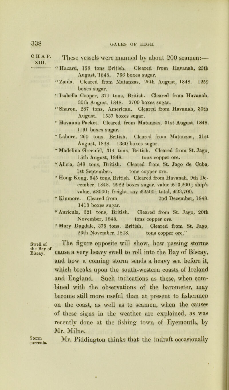 CHAP. XIII. Swell of the Bay of Biscay. Storm currents. These vessels were manned by about 200 seamen:— “ Hazard, 158 tons British. Cleared from Havanah, 25th August, 1848. 766 boxes sugar. “Zaida. Cleared from Matanzas, 26th August, 1848. 1252 boxes sugar. “Isabella Cooper, 371 tons, British. Cleared from Havanah, 30th August, 1848. 2700 boxes sugar. “Sharon, 287 tons, American. Cleared from Havanah, 30th August. 1537 boxes sugar. “ Havanna Packet. Cleared from Matanzas, 31st August, 1848. 1191 boxes sugar. “Lahore, 260 tons, British. Cleared from Matanzas, 31st August, 1848. 1360 boxes sugar. “ Madelina Greenfel, 314 tons, British. Cleared from St. Jago, 15th August, 1848. tons copper ore. “ Alicia, 349 tons, British. Cleared from St. Jago de Cuba, 1st September. tons copper ore. “ Hong Kong, 545 tons, British. Cleared from Havanah, 9th De- cember, 1848. 2922 boxes sugar, value £13,200; ship’s value, £8000; freight, say £2500 ; total, £23,700. “ Kinmore. Cleared from 2nd December, 1848. 1413 boxes sugar. “Auricula, 321 tons, British. Cleared from St. Jago, 20th November, 1848. tons copper ore. “Mary Dugdale, 375 tons, British. Cleared from St. Jago, 26th November, 1848. tons copper ore.” The figure opposite will show, how passing storms cause a very heavy swell to roll into the Bay of Biscay, and how a coming storm sends a heavy sea before it, which breaks upon the south-western coasts of Ireland and England. Such indications as these, when com- bined with the observations of the barometer, may become still more useful than at present to fishermen on the coast, as well as to seamen, when the causes of these signs in the weather are explained, as was recently done at the fishing town of Eyemouth, by Mr. Milne. Mr. Piddington thinks that the indraft occasionally