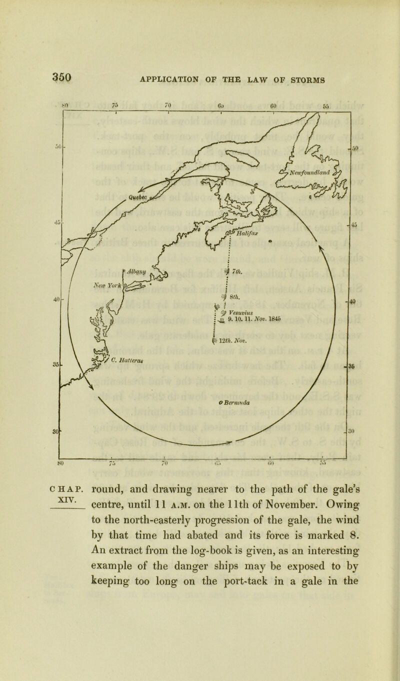 HO 7f> 70 Ga 60 55 chap, round, and drawing nearer to the path of the gale’s YJTt L_ centre, until 11 a.m. on the 11th of November. Owing to the north-easterly progression of the gale, the wind by that time had abated and its force is marked 8. An extract from the log-book is given, as an interesting example of the danger ships may be exposed to by keeping too long on the port-tack in a gale in the