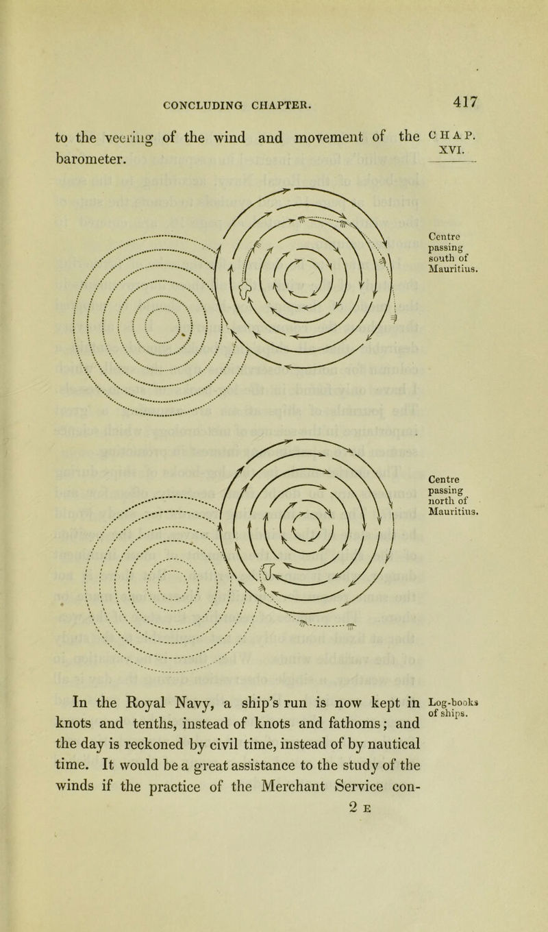 to the veering of the wind and movement of the o barometer. In the Royal Navy, a ship’s run is now kept in knots and tenths, instead of knots and fathoms; and the day is reckoned by civil time, instead of by nautical time. It would be a great assistance to the study of the winds if the practice of the Merchant Service con- 2 E c II a p. XVI. Centre passing south of Mauritius. Centre passing north of Mauritius. Log-books of ships.