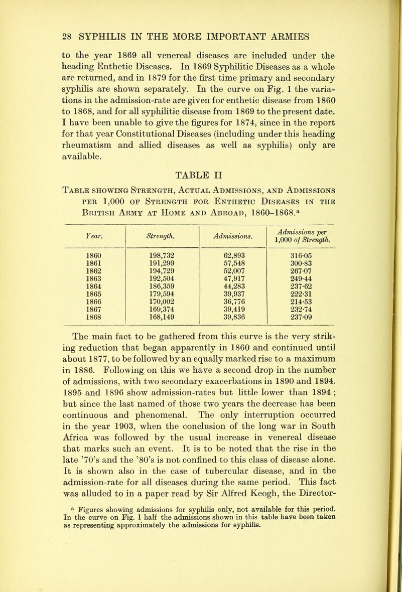 to the year 1869 all venereal diseases are included under the heading Enthetic Diseases. In 1869 Syphilitic Diseases as a whole are returned, and in 1879 for the first time primary and secondary syphilis are shown separately. In the curve on Fig. 1 the varia- tions in the admission-rate are given for enthetic disease from 1860 to 1868, and for all syphilitic disease from 1869 to the present date. I have been unable to give the figures for 1874, since in the report for that year Constitutional Diseases (including under this heading rheumatism and allied diseases as well as syphilis) only are available. TABLE II Table showing Strength, Actual Admissions, and Admissions per 1,000 of Strength for Enthetic Diseases in the British Army at Home and Abroad, 1860-1868.a Year. Strength. Admissions. Admissions per 1,000 of Strength. 1860 198,732 62,893 316-05 1861 191,299 57,548 300-83 1862 194,729 52,007 267-07 1863 192,504 47,917 249-44 1864 186,359 44,283 237-62 1865 179,594 39,937 222-31 1866 170,002 36,776 214-53 1867 169,374 39,419 232-74 1868 168,149 39,836 237-09 The main fact to be gathered from this curve is the very strik- ing reduction that began apparently in 1860 and continued until about 1877, to be followed by an equally marked rise to a maximum in 1886. Following on this we have a second drop in the number of admissions, with two secondary exacerbations in 1890 and 1894. 1895 and 1896 show admission-rates but little lower than 1894 ; but since the last named of those two years the decrease has been continuous and phenomenal. The only interruption occurred in the year 1903, when the conclusion of the long war in South Africa was followed by the usual increase in venereal disease that marks such an event. It is to be noted that the rise in the late ’70’s and the ’80’s is not confined to this class of disease alone. It is shown also in the case of tubercular disease, and in the admission-rate for all diseases during the same period. This fact was alluded to in a paper read by Sir Alfred Keogh, the Director- a Figures showing admissions for syphilis only, not available for this period. In the curve on Fig. 1 half the admissions shown in this table have been taken as representing approximately the admissions for syphilis.