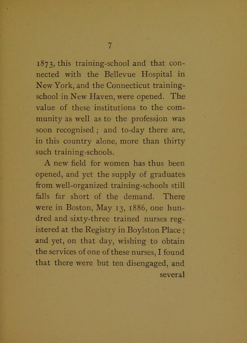 1873, this training-school and that con- nected with the Bellevue Hospital in New York, and the Connecticut training- school in New Haven, were opened. The value of these institutions to the com- munity as well as to the profession was soon recognised ; and to-day there are, in this country alone, more than thirty such training-schools. A new field for women has thus been opened, and yet the supply of graduates from well-organized training-schools still falls far short of the demand. There were in Boston, May 13, 1886, one hun- dred and sixty-three trained nurses reg- istered at the Registry in Boylston Place ; and yet, on that day, wishing to obtain the services of one of these nurses, I found that there were but ten disengaged, and several