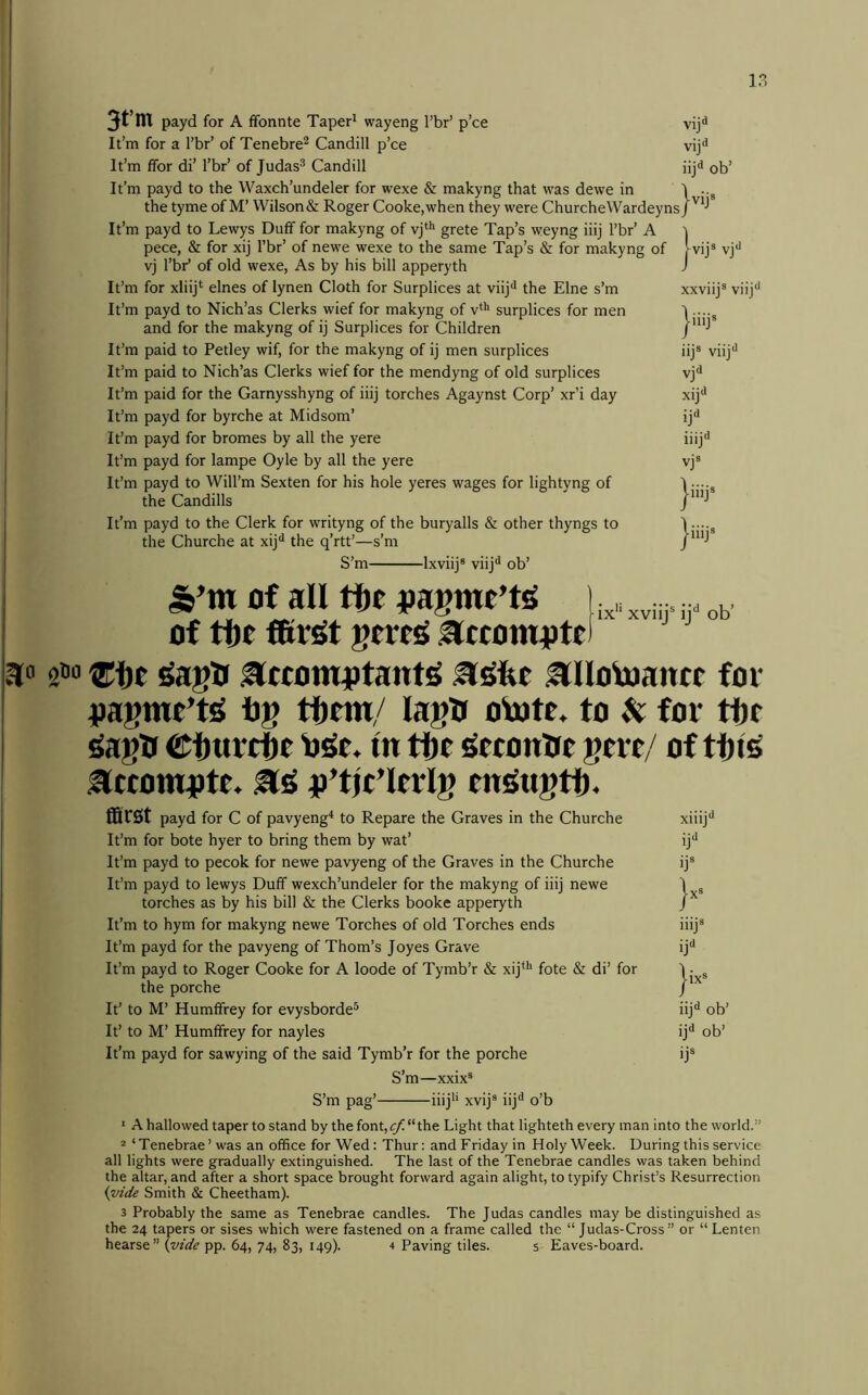 1?. ao 3t’m payd for A ffonnte Taper^ wayeng I’br’ p’ce It’m for a I’br’ of Tenebre^ Candill p’ce It’m ffor di’ I’br’ of Judas® Candill It’m payd to the VVaxch’undeler for wexe & makyng that was dewe in the tyme of M’ Wilson& Roger Cooke,when they were ChurcheWardeyns It’m payd to Lewys Duff for makyng of vj**' grete Tap’s weyng iiij I’br’ A pece, & for xij I’br’ of newe wexe to the same Tap’s & for makyng of vj I’br’ of old wexe, As by his bill apperyth It’m for xliij* elnes of lynen Cloth for Surplices at viij<i the Elne s’m It’m payd to Nich’as Clerks wief for makyng of v* surplices for men and for the makyng of ij Surplices for Children It’m paid to Petley wif, for the makyng of ij men surplices It’m paid to Nich’as Clerks wief for the mendyng of old surplices It’m paid for the Garnysshyng of iiij torches Agaynst Corp’ xr’i day It’m payd for byrche at Midsom’ It’m payd for bromes by all the yere It’m payd for lampe Oyle by all the yere It’m payd to Will’m Sexten for his hole yeres wages for lightyng of the Candills It’m payd to the Clerk for writyng of the buryalls & other thyngs to the Churche at xij** the q’rtt’—s’m S’m Ixviij® viij^ ob’ vij** vij<i iij^ ob’ |vij® vjd xxviij® vlij** jiiij® iij® viij*^ vj<i xij** ij** nij** vj® jiiij® jiiij® of all ti)e iJagmCtS 1 of tbt fBrgt gmiS accomiite) 2»o ztt ^ag5 accomiJtantiS asSftt ^llotoancr for pagmr’tiS tig ttiem/ lagtr ototc, to for ttir ^aglr ©iiurttt m tgr ^rconBe gm/ of ^ccompte. g’tjcTrrIg rn^ugtii. fiSrSit payd for C of pavyeng* to Repare the Graves in the Churche It’m for bote hyer to bring them by wat’ It’m payd to pecok for newe pavyeng of the Graves in the Churche It’m payd to lewys Duff wexch’undeler for the makyng of iiij newe torches as by his bill & the Clerks booke apperyth It’m to hym for makyng newe Torches of old Torches ends It’m payd for the pavyeng of Thom’s Joyes Grave It’m payd to Roger Cooke for A loode of Tymb’r & xij‘** fote & di’ for the porche It’ to M’ Humffrey for evysborde® It’ to M’ Humffrey for nayles It’m payd for sawying of the said Tymb’r for the porche xiiij** ij^ ij® |x® iiij® ij*> |ix® iij** ob’ ij** ob’ ij® S’m—xxix® S’m pag’ iiij'* xvij® iij** o’b * A hallowed taper to stand by the font, the Light that lighteth every man into the world.*’ ® ‘Tenebrae’was an office for Wed: Thur: and Friday in Holy Week. During this service all lights were gradually extinguished. The last of the Tenebrae candles was taken behind the altar, and after a short space brought forward again alight, to typify Christ’s Resurrection {vitie Smith & Cheetham). 3 Probably the same as Tenebrae candles. The Judas candles may be distinguished as the 24 tapers or sises which were fastened on a frame called the “Judas-Cross” or “ Lenten