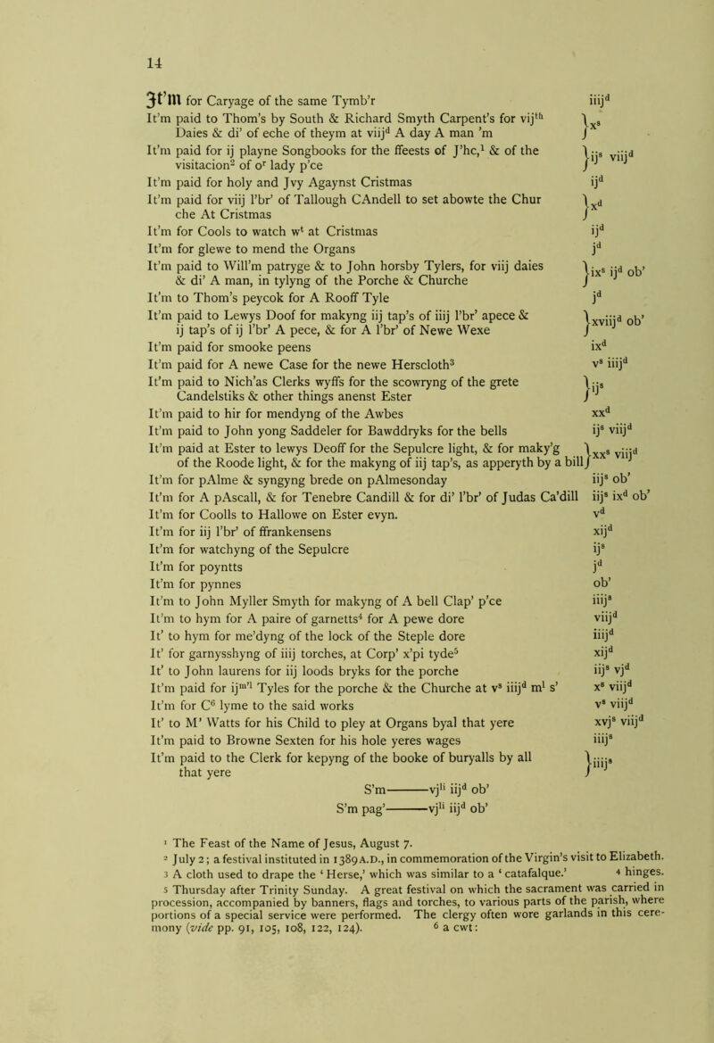 3t’m for Caryage of the same Tymb’r It’m paid to Thom’s by South & Richard Smyth Carpent’s for vij“* Daies & di’ of eche of theym at viij'^ A day A man’m It’m paid for ij playne Songbooks for the ffeests of J’hc,^ & of the visitacion^ of o'’ lady p’ce It’m paid for holy and Jvy Agaynst Cristmas It’m paid for viij I’br’ of Tallough CAndell to set abowte the Chur che At Cristmas It’m for Cools to watch w‘ at Cristmas It’m for glewe to mend the Organs It’m paid to Will’m patryge & to John horsby Tylers, for viij daies & di’ A man, in tylyng of the Porche & Churche It’m to Thom’s peycok for A Rooff Tyle It’m paid to Lewys Doof for makyng iij tap’s of iiij I’br’ apece & ij tap’s of ij I’br’ A pece, & for A I’br’ of Newe Wexe It’m paid for smooke peens It’m paid for A newe Case for the newe Herscloth® It’m paid to Nich’as Clerks wyffs for the scowryng of the grete Candelstiks & other things anenst Ester It’m paid to hir for mendyng of the Awbes It’m paid to John yong Saddeler for Bawddryks for the bells It’m paid at Ester to lewys Deoff for the Sepulcre light, & for maky’g of the Roode light, & for the makyng of iij tap’s, as apperyth by a bill It’m for pAlme & syngyng brede on pAlmesonday It’m for A pAscall, & for Tenebre Candill & for di’ I’br’ of Judas Ca’dill It’m for Cooils to Hallowe on Ester evyn. It’m for iij I’br’ of ffrankensens It’m for watchyng of the Sepulcre It’m for poyntts It’m for pynnes It’m to John Myller Smyth for makyng of A bell Clap’ p’ce It’m to hym for A paire of garnetts'^ for A pewe dore It’ to hym for me’dyng of the lock of the Steple dore It’ for garnysshyng of iiij torches, at Corp’ x’pi tyde® It’ to John laurens for iij loods bryks for the porche It’m paid for ij“’* Tyles for the porche & the Churche at v® iiij^ It’m for C® lyme to the said works It’ to M’ Watts for his Child to pley at Organs byal that yere It’m paid to Browne Sexten for his hole yeres wages It’m paid to the Clerk for kepyng of the booke of buryalls by all that yere S’m vj*' iij® ob’ S’m pag’ vj^' iij® ob’ iiij® \ v9 J |ij® viij“ ij® iix® lj‘ ixvnj' ob’ ob’ * iiij® |ij® xx“ viij® ixx® VI ij iij® ob’ i.j’ ix' ® ob’ xij® j** ob’ iiij® viij® iiij® xij® m‘ s iij® vj® x® viij® V® viij® viij® XVJ' iiij® }iiij» ' The Feast of the Name of Jesus, August 7. 2 July 2; a festival instituted in 1389 A.D., in commemoration of the Virgin’s visit to Elizabeth. 3 A cloth used to drape the ‘ Herse,’ which was similar to a ‘ catafalque.’ ■* hinges. 5 Thursday after Trinity Sunday. A great festival on which the sacrament was carried in procession, accompanied by banners, flags and torches, to various parts of the parish, where portions of a special service were performed. The clergy often wore garlands in this cere- mony {vide pp. 91, 105, 108, 122, 124). ® a cwt: