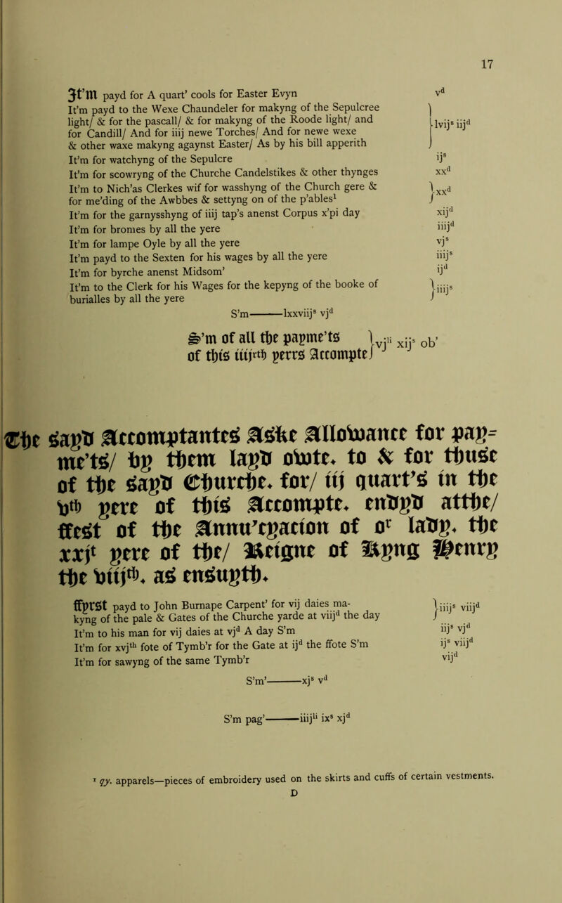 3t’m payd for A quart’ cools for Easter Evyn It’m payd to the Wexe Chaundeler for makyng of the Sepulcree light/ & for the pascall/ & for makyng of the Roode light/ and for Candill/ And for iiij newe Torches/ And for newe wexe & other waxe makyng agaynst Easter/ As by his bill apperith It’m for watchyng of the Sepulcre It’m for scowryng of the Churche Candelstikes & other thynges It’m to Nich’as Clerkes wif for wasshyng of the Church gere & for me’ding of the Awbbes & settyng on of the p’ables^ It’m for the garnysshyng of iiij tap’s anenst Corpus x’pi day It’m for bromes by all the yere It’m for lampe Oyle by all the yere It’m payd to the Sexten for his wages by all the yere It’m for byrche anenst Midsom’ It’m to the Clerk for his Wages for the kepyng of the booke of burialles by all the yere xij** iiij'^ vjs iiij® ij‘> jiiij® V' ij® xx<i S’m Ixxviij® vj'* jSaptJ ^Ilotoanct for pag^ of ti)e ^aj?H eijurctr. for/ nj quart’g fn tfte gm of tfite ^rtoini)tt. eittigli attfte/ ffe^t of ti)e annu’cganon of o>^ laUg. ttr xxjt gm of tibr/ lElrtfint of itgns f^rnrg tf)e ajS w^ttgtt)* ffprSt payd to John Burnape Carpent’ for vij daies ma- kyng of the pale & Gates of the Churche yarde at viij<* the day It’m to his man for vij daies at vj^ A day S’m It’m for xvj“* fote of Tymb’r for the Gate at ij^ the ffote S’m It’m for sawyng of the same Tymb’r |iiij® viij** iij® vj** ij® viij'* vij** S’m pag’ iiij** ix® xj** ' gy. apparels—pieces of embroidery used on the skirts and cuffs of certain vestments. D