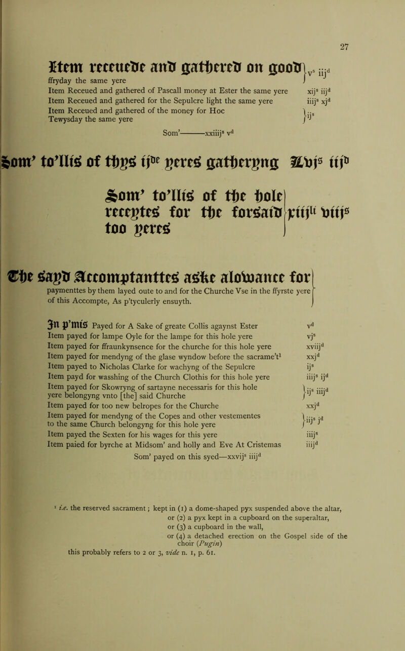 Ktem rmueiie ffryday the same yere Item Receued and gathered Item Receued and gathered Item Receued and gathered Tewysday the same yere anti gattimH on gootiL. of Pascall money at Ester the same yere for the Sepulcre light the same yere of the money for Hoc xij® iiij® xj* S Som’ xxiiij® ibotti’ to’IIte of tfigg nmg gatternng ttj*’ 1 ^om’ tonu^ mcgteg for too gerrsl of tf)t ttir iiole fori^aiti €tt ^agti arcomiitanttrjS agfer alotnance for paymenttes by them layed oute to and for the Churche Vse in the ffyrste yere ’ of this Accompte, As p’tyculerly ensuyth. 3n p’mis Payed for A Sake of greate Collis agaynst Ester Item payed for lampe Oyle for the lampe for this hole yere Item payed for ffraunkynsence for the churche for this hole yere Item payed for mendyng of the glase wyndow before the sacrameV Item payed to Nicholas Clarke for wachyng of the Sepulcre Item payd for wasshing of the Church Clothis for this hole yere Item payed for Skowryng of sartayne necessaris for this hole yere belongyng vnto [the] said Churche Item payed for too new belropes for the Churche Item payed for mendyng of the Copes and other vestementes to the same Church belongyng for this hole yere Item payed the Sexten for his wages for this yere Item paied for byrche at Midsom’ and holly and Eve At Cristemas Som’ payed on this syed—xxvij® hij** vjs xviij** xxj** ij^ iiij® ij** |ij® iiij** xxj** }iij® iiij® iiij^ * t.e. the reserved sacrament; kept in (i) a dome-shaped pyx suspended above the altar, or (2) a pyx kept in a cupboard on the superaltar, or (3) a cupboard in the wall, or (4) a detached erection on the Gospel side of the choir (Pugin) this probably refers to 2 or 3, vide n. i, p. 61.