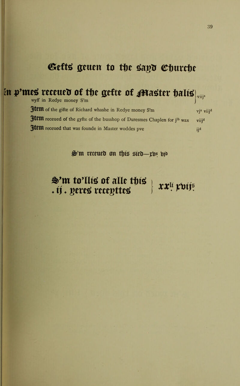 geuen to tfte ©ftutctf In jj’mtiS meueH of tfte gefte of iWa^ter talte wyff in Redye money S’m 3tem of the gifte of Richard whashe in Redye money S’m 3ttni receued of the gyfte of the busshop of Duresmes Chaplen for j*'* wax 3tem receued that was founde in Master woddes pve ^’m receueli on sieD—bjD to’IIfg of allt . tj. megtte^ ■ viij® vjs viij^ viij*^ ijo