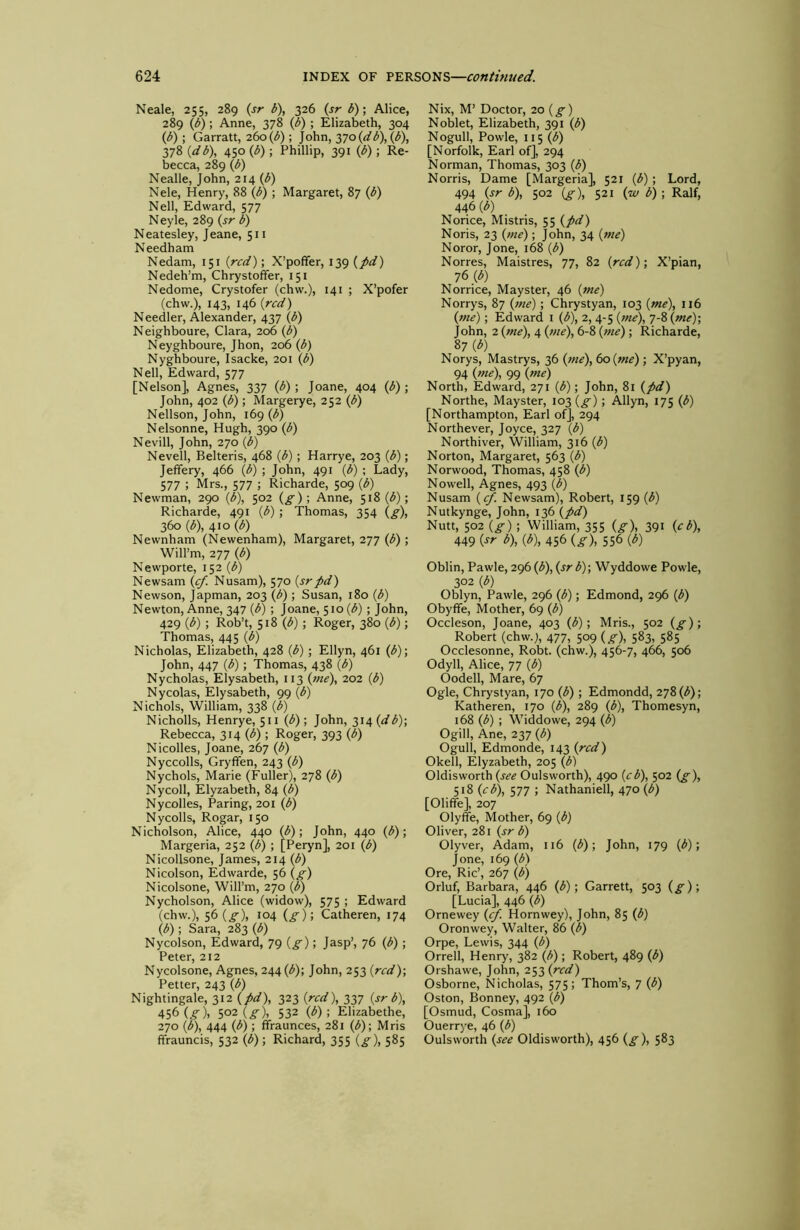 Neale, 255, 289 {sr b\ 326 {sr b)\ Alice, 289 {b); Anne, 378 (b); Elizabeth, 304 (J>) \ Garratt, 26o {b)-, John, 370 (^/^),(^), 378 {db), 450 {b); Phillip, 391 {b); Re- becca, 289 (b) Nealle, John, 214 (^) Nele, Henry, 88 (b) ; Margaret, 87 (b) Nell, Edward, 577 Neyle, 289 (sr b) Neatesley, Jeane, 511 Needham Nedam, 151 (red); X’pofifer, 139 (^d) Nedeh’m, Chrystoffer, 151 Nedome, Crystofer (chw.), 141 ; X’pofer (chw.), 143, 146 (red) Needier, Alexander, 437 (b) Neighboure, Clara, 206 (b) Neyghboure, Jhon, 206 (b) Nyghboure, Isacke, 201 (b) Nell, Edward, 577 [Nelson], Agnes, 337 (b); Joane, 404 (b); John, 402 (b); Margerye, 252 (b) Nellson, John, 169 (b) Nelsonne, Hugh, 390 (b) Nevill, John, 270 (b) Nevell, Belteris, 468 (b) ; Harrye, 203 (b); Jeffery, 466 (b) ; John, 491 (b) ; Lady, 577 ; Mrs., 577 ; Richarde, 509 (b) Newman, 290 (b), 502 (g); Anne, 518 (<5); Richarde, 491 (b); Thomas, 354 (g), 360 (b), 4^0 (b) Newnham (Newenham), Margaret, 277 (b) ; Will’m, 277 (b) Newporte, 152 (b) Newsam ((/! Nusam), 570 (srpd) Newson, Japman, 203 (b); Susan, 180 (b) Newton, Anne, 347 W ; Joane, 510 (^); John, 429 (b) ; Rob’t, 518 (<5) ; Roger, 380 (b); Thomas, 445 (b) Nicholas, Elizabeth, 428 (b) ; Ellyn, 461 (b)\ John, 447 (b); Thomas, 438 (b) Nycholas, Elysabeth, 113 (tne\ 202 (b) Nycolas, Elysabeth, 99 (b) Nichols, William, 338 (b) Nicholls, Henrye, 511 (b) \ John, ^i4(db); Rebecca, 314 (^) ; Roger, 393 (b) Nicolles, Joane, 267 (b) Nyccolls, Gryfifen, 243 (b) Nychols, Marie (Fuller), 278 (b) Nycoll, Elyzabeth, 84 (b) Nycolles, Paring, 201 (b) Nycolls, Rogar, 150 Nicholson, Alice, 440 (b); John, 440 (b); Margeria, 252 (1^) ; [Peryn], 201 (b) Nicollsone, James, 214 (b) Nicolson, Edwarde, 56 (^) Nicolsone, Will’m, 270 (b) Nycholson, Alice (widow), 575 ; Edward (chw.), 56 (£■), 104 (^); Catheren, 174 (b) ; Sara, 283 (b) Nycolson, Edward, 79 (£■); Jasp’, 76 (b); Peter, 212 Nycolsone, Agnes, 244 (^); John, 253 (red); Petter, 243 (b) Nightingale, 312 (pd), 323 (red), 337 (sr b), 456 (.f), 502 (^), 532 (b); Elizabethe, 270 (b), 444 (b); ffraunces, 281 (b); Mris ffrauncis, 532 (b); Richard, 355 (^), 585 Nix, M’ Doctor, 20 (^) Noblet, Elizabeth, 391 (b) Nogull, Powle, 115 (b) [Norfolk, Earl of], 294 Norman, Thomas, 303 (b) Norris, Dame [Margeria], 521 (b); Lord, 494 (sr b), 502 (£■), 521 (w b) ; Ralf, 446 (^) _ Norice, Mistris, 55 (pd) Noris, 23 (we); John, 34 (me) Noror, Jone, 168 (b) Norres, Maistres, 77, 82 (red); X’pian, 76 W Norrice, Mayster, 46 (me) Norrys, 87 (me) ; Chrystyan, 103 (me), 116 (me) ; Edward i (b), 2, 4-5 (me), 7-8 (me); John, 2 (me), 4 (me), 6-8 (me); Richarde, 87 (b) Norys, Mastrys, 36 (me), 60 (w^); X’pyan, 94 (me), 99 (me) North, Edward, 271 (b); John, 81 (pd) Northe, Mayster, 103 (_^); Allyn, 175 (b) [Northampton, Earl of], 294 Northever, Joyce, 327 (b) Northiver, William, 316 (b) Norton, Margaret, 563 (b) Norwood, Thomas, 458 (b) Nowell, Agnes, 493 (b) Nusam (ef. Newsam), Robert, 159 (b) Nutkynge, John, 136 (pd) Nutt, 502 (g) ; William, 355 (g), 391 (eb), 449 (•*■'■ ^)> (<^). 456 (g), 556 (b) Oblin, Pawle, 296 (b), (sr b); Wyddowe Powle, 302 (b) Oblyn, Pawle, 296 (b); Edmond, 296 (b) Obyfife, Mother, 69 (b) Occleson, Joane, 403 (b); Mris., 502 (g); Robert (chw.;, 477, 509 (g), 583, 585 Occlesonne, Robt. (chw.), 456-7, 466, 506 Odyll, Alice, 77 (b) Oodell, Mare, 67 Ogle, Chrystyan, 170 (b) ; Edmondd, 278 (^); Katheren, 170 (b), 289 (b), Thomesyn, 168 (b) ; Widdowe, 294 (b) Ogill, Ane, 237 (b) Ogull, Edmonde, 143 (red) Okell, Elyzabeth, 205 (b) Oldisworth (ji?^ Oulsworth), 490 (eb), 502 (g), 518 (eb), 577 ; Nathaniell, 470 (b) [Oliffe], 207 Olyffe, Mother, 69 (b) Oliver, 281 (sr b) Olyver, Adam, 116 (^); John, 179 (b); Jone, 169 (b) Ore, Ric’, 267 (b) Orluf, Barbara, 446 (b); Garrett, 503 (g); [Lucia], 446 (b) Ornewey (ef. Hornwey), John, 85 (b) Oronwey, Walter, 86 (b) Orpe, Lewis, 344 (b) Orrell, Henry, 382 (b) ; Robert, 489 (b) Orshawe, John, 25^ (red) Osborne, Nicholas, 575; Thom’s, 7 (b) Oston, Bonney, 492 (b) [Osmud, Cosma], 160 Ouerrye, 46 (b) Oulsworth (see Oldisworth), 456 (g), 583