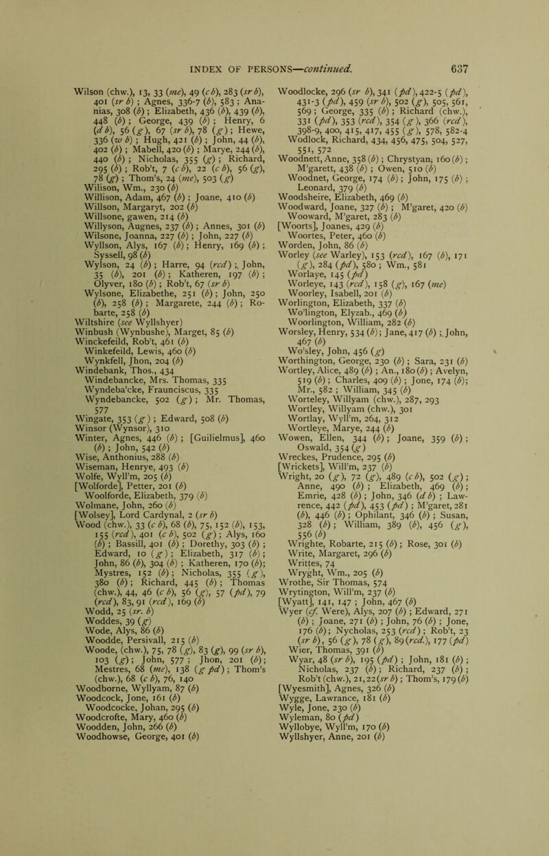 Wilson (chw.), 13. 33 k>ne\ 49 283 {srb), 401 {sr b) ; Agnes, 336-7 \b), 583 ; Ana- nias, 308 {b); Elizabeth, 436 {b), 439 {b), 448 {b); George, 439 {b) ; Henry, 6 {db\ 56 (^), 67 {srb\jZ (g)-, Hewe, 336 (w b) ; Hugh, 421 {b) ; John, 44 {b\ 402 {b) ; Mabell, 420 {b) ; Marye, 244 {b), 440 {b) ; Nicholas, 355 {g) ; Richard, 295 {b) ; Rob’t, 7 {cb\ 22 {c b), 56 Of), 78 (g) ; Thom’s, 24 {?ne), 503 {g) Wilison, Wm., 230 {b) Willison, Adam, 467 {b); Joane, 410 {b) Willson, Margaryt, 202 {b) Willsone, gawen, 214 (b) Willyson, Augnes, 237 (b); Annes, 301 (b) Wilsone, Joanna, 227 (b); John, 227 (b) Wyllson, Alys, 167 (b); Henry, 169 (b) ; Syssell, 98 (b) Wylson, 24 (b); Harre, 94 (red) John, 35 (b), 201 (b); Katheren, 197 (b) ; Olyver, 180 (b); Rob’t, 67 (srb) Wylsone, Elizabethe, 251 (b); John, 250 (b), 258 (b); Margarete, 244 (b); Ro- barte, 258 (b) Wiltshire (see Wyllshyer) Winbush (Wynbushe), Marget, 85 (b) Winckefeild, Rob’t, 461 (b) Winkefeild, Lewis, 460 (b) Wynkfell, Jhon, 204 (b) Windebank, Thos., 434 Windebancke, Mrs. Thomas, 335 Wyndeba’cke, Fraunciscus, 335 Wyndebancke, 502 (g); Mr. Thomas, 577 Wingate, 353 (g); Edward, 508 (b) Winsor (Wynsor), 310 Winter, Agnes, 446 (b) ; [Guilielmus], 460 (b) ; John, 542 (b) Wise, Anthonius, 288 (b) Wiseman, Henrye, 493 (b) Wolfe, Wyll’m, 205 (b) [Wolforde], Fetter, 201 (b) Woolforde, Elizabeth, 379 (b) Wolmane, John, 260 (b) [Wolsey], Lord Cardynal, 2 (srb) Wood (chw.), 33 (,; b), 68 (b), 75, 152 (b), 153, 155 (red), 401 (eb), 502 (g); Alys, 160 (b) ; Bassill, 401 (b); Dorethy, 303 (b) ; Edward, 10 (g); Elizabeth, 317 (b); John, 86 (1^), 304 (b) ; Katheren, 170 (1^); Mystres, 152 (b); Nicholas, 355 (g), 380 (b); Richard, 445 (b) ; Thomas (chw.), 44, 46 (e b), 56 (g), 57 (pd), 79 (red), 83, 91 (red), 169 (b) Wodd, 25 (sr. b) Woddes, 39 (g) Wode, Alys, 86 (b) Woodde, Persivall, 215 (b) Woode, (chw.), 75, 78 (g), 83 (g), 99 (sr b), 103 John, 577; Jhon, 201 (b); Mestres, 68 (we), 138 (g pd)\ Thom’s (chw.), 68 (e b), 76, 140 Woodborne, Wyllyam, 87 (b) Woodcock, Jone, 161 (b) Woodcocke, Johan, 295 (b) Woodcrofte, Mary, 460 (b) Woodden, John, 266 (b) Woodhowse, George, 401 (b) Woodlocke, 2g6 (sr <5), 341 (pd), 422-$ (pd\ 431-3 (pd), 459 (srb), 502 (g), 505, 561, 569; George, 335 (b); Richard (chw.), 331 {pd), 353 (red), 354 (g), 366 (red), 398-9, 400, 415, 417, 455 (g), 578, 582-4 Wodlock, Richard, 434, 456, 475, 504, 527, 551, 572 Woodnett, Anne, 358 (iJ); Chrystyan; i6o(i^); M’garett, 438 (b) ; Owen, 510 (^) Woodnet, George, 174 (b); John, 175 (<^) ; Leonard, 379 (b) Woodsheire, Elizabeth, 469 (b) Woodward, Joane, 327 (b); M’garet, 420 (b) Wooward, M’garet, 283 (b) [Woorts], Joanes, 429 (b) Woortes, Peter, 460 (b) Worden, John, 86 (b) Worley (j^^ Warley), 153 (red), 167 (b), 171 (g\ 284 (pd), 580 ; Wm., 581 Worlaye, 145 (pd) Worleye, 143 (red), 158 (g), 167 (me) Woorley, Isabell, 201 (b) Worlington, Elizabeth, 337 (b) Wo’lington, Elyzab., 469 (b) Woorlington, William, 282 (b) Worsley, Henry, 534 (b)\ Jane, 417 (<5) ;.John, 467 (<^) Wo’sley, John, 456 (g) Worthington, George, 230 (b); Sara, 231 (b) Wortley, .A.lice, 489 (b); An., i8o(i^); Avelyn, 519 (<5); Charles, 409 (b); Jone, 174 (b)-, Mr., 582 ; William, 345 (b) Worteley, Willyam (chw.), 287, 293 Wortley, Willyam (chw.), 301 Wortlay, Wyll’m, 264, 312 Wortleye, Marye, 244 (b) Wowen, Ellen, 344 (b); Joane, 359 (b); Oswald, 354(g) Wreckes, Prudence, 295 (b) [Wrickets], Will’m, 237 (b) Wright, 20 (g), 72 (g), 489 (eb), 502 (g); Anne, 490 (b) ; Elizabeth, 469 (b); Emrie, 428 (b); John, 346 (d b) ; Law- rence, 442 (pd), 453 (pd) ; M’garet, 281 (b), 446 (b) ; Ophilant, 346 (b) ; Susan, 328 (b); William, 389 (b), 456 (g), 556 (d) Wrighte, Robarte, 215 (b); Rose, 301 (b) Write, Margaret, 296 (b) Writtes, 74 Wryght, Wm., 205 (b) Wrothe, Sir Thomas, 574 Wrytington, Will’m, 237 (b) [Wyatt], 141, 147 ; John, 467 (b) Wyer (^ Were), Alys, 207 (b) ; Edward, 271 (b) ; Joane, 271 (b) ; John, 76 (b); Jone, 176 (b); Nycholas, 253 (red) ; Rob’t, 23 (sr b), 56 (g), 78 (g), 8g(red.), 177 (pd) Wier, Thomas, 391 (b) Wyar, 48 (sr b), 195 (pd) ; John, 181 (b) ; Nicholas, 237 (b); Richard, 237 (b) ; Rob’t(chw.), 2i,22(srb); Thom’s, i?g(b) [Wyesmith], Agnes, 326 (b) Wygge, Lawrance, 181 (b) Wyle, Jone, 230 (b) Wyleman, 80 (pd) Wyllobye, Wyll’m, 170 (b) Wyllshyer, Anne, 201 (b)