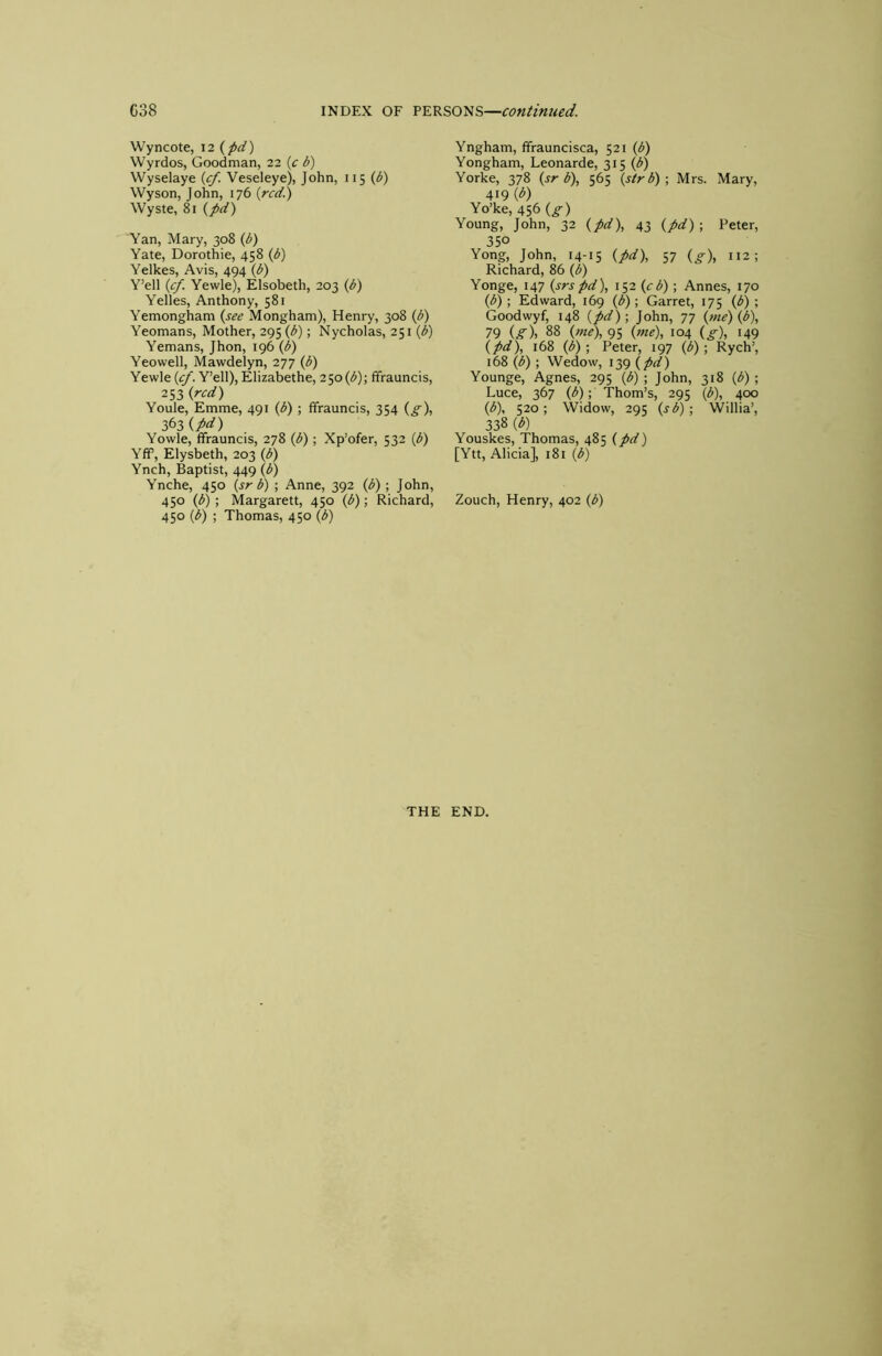 Wyncote, 12 {pd) Wyrdos, Goodman, 22 {c b) Wyselaye {cf. Veseleye), John, 115 {b) Wyson, John, 176 {red.) Wyste, 81 ipd) Yan, Mary, 308 {b) Yate, Dorothie, 458 {b) Yelkes, Avis, 494 {b) Y’ell {cf. Yewle), Elsobeth, 203 {b) Yelles, Anthony, 581 Yemongham {see Mongham), Henry, 308 {b) Yeomans, Mother, 295 {b); Nycholas, 2^1 {b) Yemans, Jhon, 196 {b) Yeowell, Mawdelyn, 277 {b) Yewle(^. Y’ell), Elizabethe, 250(<^); ffrauncis, 253 {red) Youle, Emme, 491 {b) ; fifrauncis, 354 {g), 363 ipd) Yowle, ffrauncis, 278 {b); Xp’ofer, 532 {b) Yff, Elysbeth, 203 {b) Ynch, Baptist, 449 {b) Ynche, 450 {sr b) ; Anne, 392 {b) ■, John, 450 (^) ; Margarett, 450 {b); Richard, 450 {b) ; Thomas, 450 {b) Yngham, ffrauncisca, 521 {b) Yongham, Leonarde, 315 {b) Yorke, 378 {sr b), 565 {str b) \ Mrs. Mary, 419 {b) Yo’ke, 456 {g) Young, John, 32 {pd), 43 {pd)Peter, 350 Yong, John, 14-15 {pd), 57 {g), 112; Richard, 86 {b) Yonge, 147 {srs pd), i^2{cb); Annes, 170 {b); Edward, 169 {b); Garret, 175 {b) ; Goodwyf, 148 {pd) ; John, 77 {me) {b), 79 {g), 88 {me), 95 (;««), 104 {g), 149 {pd% 168 {b) ; Peter, 197 (b); Rych’, 168 (b) ; Wedow, 139 {pd) Younge, Agnes, 295 {b) ; John, 318 {b); Luce, 367 {b); Thom’s, 295 {b), 400 {b), 520 ; Widow, 295 {sb) ; Willia’, 338 {b) Youskes, Thomas, 485 {pd) [Ytt, Alicia], 181 {b) Zouch, Henry, 402 {b) THE END.