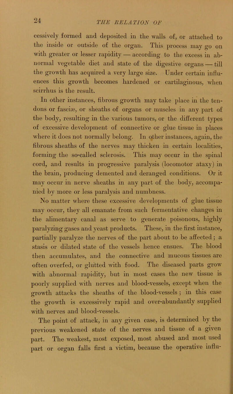 cessively formed and deposited in the walls of, or attached to the inside or outside of the organ. This process may go on with greater or lesser rapidity — according to the excess in ab- normal vegetable diet and state of the digestive organs — till the growth has acquired a very large size. Under certain influ- ences this growth becomes hardened or cartilaginous, when scirrhus is the result. In other instances, fibrous growth may take place in the ten- dons or fasciae, or sheaths of organs or muscles in any part of the body, resulting in the various tumors, or the different types of excessive development of connective or glue tissue in places where it does not normally belong. In other instances, again, the fibrous sheaths of the nerves may thicken in certain localities, forming the so-called sclerosis. This may occur in the spinal cord, and results in progressive paralysis (locomotor ataxy) in the brain, producing demented and deranged conditions. Or it may occur in nerve sheaths in any part of the body, accompa- nied by more or less paralysis and numbness. No matter where these excessive developments of glue tissue may occur, they all emanate from such fermentative changes in the alimentary canal as serve to generate poisonous, highly paralyzing gases and yeast products. These, in the first instance, partially paralyze the nerves of the part about to be affected; a stasis or dilated state of the vessels hence ensues. The blood then accumulates, and the connective and mucous tissues are often overfed, or glutted with food. The diseased parts grow with abnormal rapidity, but in most cases the new tissue is poorly supplied with nerves and blood-vessels, except when the growth attacks the sheaths of the blood-vessels ; in this case the growth is excessively rapid and over-abundantly supplied with nerves and blood-vessels. The point of attack, in any given case, is determined by the previous weakened state of the nerves and tissue of a given part. The weakest, most exposed, most abused and most used part or organ falls first a victim, because the operative influ-