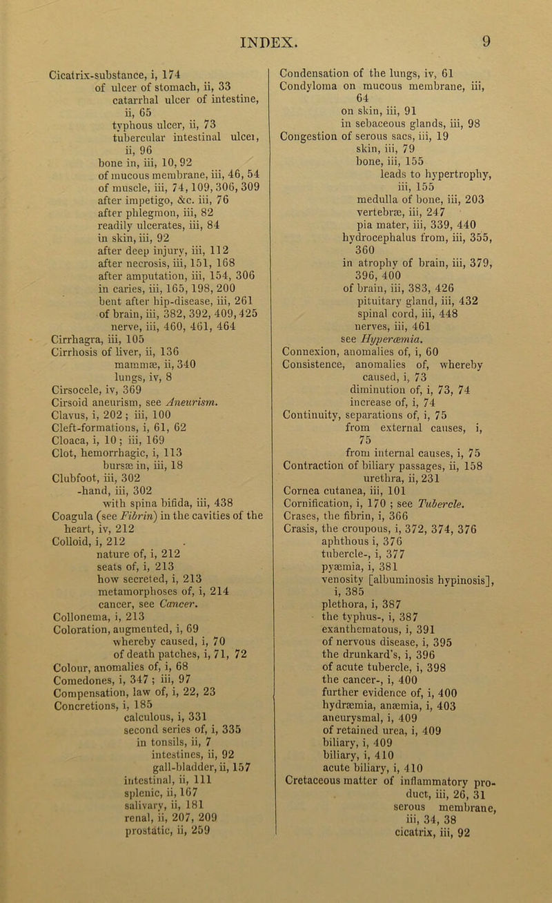 Cicatrix-substance, i, 174 of ulcer of stomach, ii, 33 catarrhal ulcer of intestine, ii, 65 typhous ulcer, ii, 73 tubercular intestinal ulcei, ii, 96 bone in, iii, 10,92 of mucous membrane, iii, 46, 54 of muscle, iii, 74,109,306, 309 after impetigo, &c. iii, 76 after phlegmon, iii, 82 readily ulcerates, iii, 84 in skin, iii, 92 after deep injury, iii, 112 after necrosis, iii, 151, 168 after amputation, iii, 154, 306 in caries, iii, 165, 198, 200 bent after hip-disease, iii, 261 of brain, iii, 382, 392, 409,425 nerve, iii, 460, 461, 464 Cirrhagra, iii, 105 Cirrhosis of liver, ii, 136 mammae, ii, 340 lungs, iv, 8 Cirsocele, iv, 369 Cirsoid aneurism, see Aneurism. Clavus, i, 202 ; iii, 100 Cleft-formations, i, 61, 62 Cloaca, i, 10 ; iii, 169 Clot, hemorrhagic, i, 113 bursae in, iii, 18 Clubfoot, iii, 302 -hand, iii, 302 with spina bifida, iii, 438 Coagula (see Fibrin) in the cavities of the heart, iv, 212 Colloid, i, 212 nature of, i, 212 seats of, i, 213 how secreted, i, 213 metamorphoses of, i, 214 cancer, see Cancer. Collonema, i, 213 Coloration, augmented, i, 69 whereby caused, i, 70 of death patches, i, 71, 72 Colour, anomalies of, i, 68 Comedones, i, 347 ; iii, 97 Compensation, law of, i, 22, 23 Concretions, i, 185 calculous, i, 331 second series of, i, 335 in tonsils, ii, 7 intestines, ii, 92 gall-bladder, ii, 157 intestinal, ii, 111 splenic, ii, 167 salivary, ii, 181 renal, ii, 207, 209 prostatic, ii, 259 Condensation of the lungs, iv, 61 Condyloma on mucous membrane, iii, 64 on skin, iii, 91 in sebaceous glands, iii, 98 Congestion of serous sacs, iii, 19 skin, iii, 79 bone, iii, 155 leads to hypertrophy, iii, 155 medulla of bone, iii, 203 vertebrae, iii, 247 pia mater, iii, 339, 440 hydrocephalus from, iii, 355, 360 in atrophv of brain, iii, 379, 396, 400 of brain, iii, 383, 426 pituitary gland, iii, 432 spinal cord, iii, 448 nerves, iii, 461 see Hypercemia. Connexion, anomalies of, i, 60 Consistence, anomalies of, whereby caused, i, 73 diminution of, i, 73, 74 increase of, i, 74 Continuity, separations of, i, 75 from external causes, i, 75 from internal causes, i, 75 Contraction of biliary passages, ii, 158 urethra, ii, 231 Cornea cutanea, iii, 101 Cornification, i, 170 ; see Tubercle. Crases, the fibrin, i, 366 Crasis, the croupous, i, 372, 374, 376 aphthous i, 376 tubercle-, i, 377 pysemia, i, 381 venosity [albuminosis hypinosis], i, 385 plethora, i, 387 the typhus-, i, 387 exanthematous, i, 391 of nervous disease, i, 395 the drunkard’s, i, 396 of acute tubercle, i, 398 the cancer-, i, 400 further evidence of, i, 400 hydracmia, anaemia, i, 403 aneurysmal, i, 409 of retained urea, i, 409 biliary, i, 409 biliary, i, 410 acute biliary, i, 410 Cretaceous matter of inflammatory pro- duct, iii, 26, 31 serous membrane, iii, 34, 38 cicatrix, iii, 92