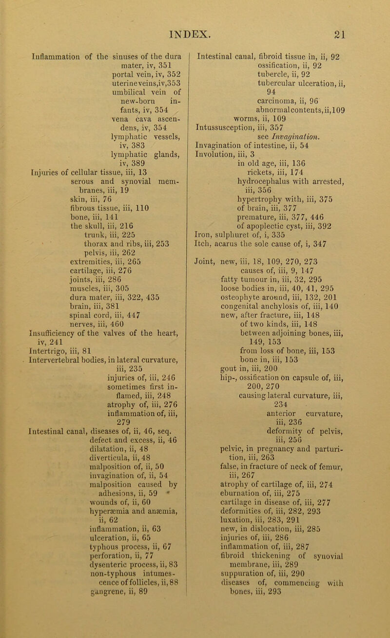 Inflammation of the sinuses of the dura mater, iv, 351 portal vein, iv, 352 uterine veins,iv,353 umbilical vein of new-born in- fants, iv, 354 vena cava ascen- dens, iv, 354 lymphatic vessels, iv, 383 lymphatic glands, iv, 389 Injuries of cellular tissue, iii, 13 serous and synovial mem- branes, iii, 19 skin, iii, 76 fibrous tissue, iii, 110 bone, iii, 141 the skull, iii, 216 trunk, iii, 225 thorax and ribs, iii, 253 pelvis, iii, 262 extremities, iii, 265 cartilage, iii, 276 joints, iii, 286 muscles, iii, 305 dura mater, iii, 322, 435 brain, iii, 381 spinal cord, iii, 447 nerves, iii, 460 Insufficiency of the valves of the heart, iv, 241 Intertrigo, iii, 81 Intervertebral bodies, in lateral curvature, iii, 235 injuries of, iii, 246 sometimes first in- flamed, iii, 248 atrophy of, iii, 276 inflammation of, iii, 279 Intestinal canal, diseases of, ii, 46, seq. defect and excess, ii, 46 dilatation, ii, 48 diverticula, ii, 48 malposition of, ii, 50 invagination of, ii, 54 malposition caused by adhesions, ii, 59 * wounds of, ii, 60 hyperaemia and anaemia, ii, 62 inflammation, ii, 63 ulceration, ii, 65 typhous process, ii, 67 perforation, ii, 77 dysenteric process, ii, 83 non-typhous intumes- cence of follicles, ii, 88 gangrene, ii, 89 Intestinal canal, fibroid tissue in, ii, 92 ossification, ii, 92 tubercle, ii, 92 tubercular ulceration, ii, 94 carcinoma, ii, 96 abnormal contents,ii, 109 worms, ii, 109 Intussusception, iii, 357 see Invagination. Invagination of intestine, ii, 54 Involution, iii, 3 in old age, iii, 136 rickets, iii, 174 hydrocephalus with arrested, iii, 356 hypertrophy with, iii, 375 of brain, iii, 377 premature, iii, 377, 446 of apoplectic cyst, iii, 392 Iron, sulpliuret of, i, 335 Itch, acarus the sole cause of, i, 347 Joint, new, iii, 18, 109, 270, 273 causes of, iii, 9, 147 fatty tumour in, iii, 32, 295 loose bodies in, iii, 40, 41, 295 osteophyte around, iii, 132, 201 congenital anchylosis of, iii, 140 new, after fracture, iii, 148 of two kinds, iii, 148 between adjoining bones, iii, 149, 153 from loss of bone, iii, 153 bone in, iii, 153 gout in, iii, 200 hip-, ossification on capsule of, iii, 200, 270 causing lateral curvature, iii, 234 anterior curvature, iii, 236 deformity of pelvis, iii, 256 pelvic, in pregnancy and parturi- tion, iii, 263 false, in fracture of neck of femur, iii, 267 atrophy of cartilage of, iii, 274 eburnation of, iii, 275 cartilage in disease of, iii, 277 deformities of, iii, 282, 293 luxation, iii, 283, 291 new, in dislocation, iii, 285 injuries of, iii, 286 inflammation of, iii, 287 fibroid thickening of synovial membrane, iii, 289 suppuration of, iii, 290 diseases of, commencing with bones, iii, 293