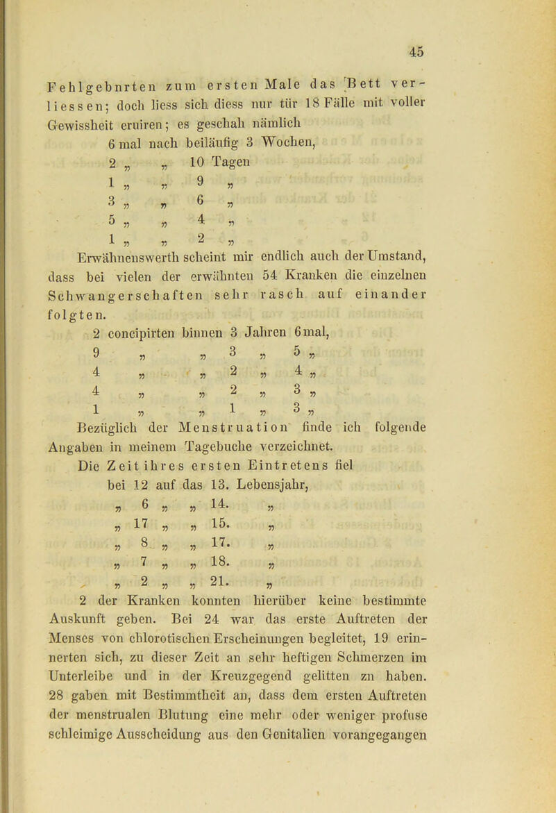 Fehlgebnrten zum ersten Male das Bett ver- lies seii; doch liess sich diess nur tür 18 Fälle mit voller Gewissheit eruiren; es geschah nämlich Erwähnenswerth scheint mir endlich auch der Umstand, dass bei vielen der erwähnten 54 Kranken die einzelnen Schwangerschaften sehr rasch auf einander folgten. 2 concipirten binnen 3 Jahren 6 mal, 9 n ?5 9 „ 5 „ Bezüglich der Menstruation finde ich folgende Angaben in meinem Tagebuche verzeichnet. Die Zeit ihres ersten Eintretens fiel 2 der Kranken konnten hierüber keine bestimmte Auskunft geben. Bei 24 war das erste Auftreten der Menses von chlorotischen Erscheinungen begleitet, 19 erin- nerten sich, zu dieser Zeit an sehr heftigen Schmerzen im Unterleibc und in der Kreuzgegend gelitten zn haben. 28 gaben mit Bestimmtheit an, dass dem ersten Auftreten der menstrualen Blutung eine mehr oder weniger profuse schleimige Ausscheidung aus den Genitalien vorangegangen 6 mal nach beiläufig 3 Wochen, 2 „ „ 10 Tagen 1 5J V 9 „ 5 „ f) 4 „ 1 » n 2 w 4 4 1 2 » 4: „ bei 12 auf das 13. Lebensjahr, 5? 9 „ „ 14. „