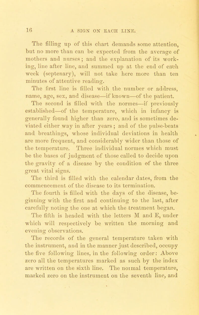 The filling up of this chart demands some attention, but no more than can be expected from the average of mothers and nurses ; and the explanation of its work- ing, line after line, and summed up at the end of ea'ch week (septenary), will not take here more than ten minutes of attentive reading. The first line is filled with the number or address, name, age, sex, and disease—if known—of the patient. The second is filled witli the normes—if previously established—of the temperature, which in infancy is generally found higlier than zero, and is sometimes de- viated either way in after years ; and of the pulse-beats and breathings, whose individual deviations in health are more frequent, and considerably wider than those of the temperature. Three individual normes which must be the bases of judgment of those called to decide upon the gravity of a disease by the condition of the three great vital signs. The third is filled with the calendar dates, from the commencement of the disease to its termination. The fourth is filled with the days of the disease, be- ginning with the first and continuing to the last, after carefully noting the one at which the treatment began. The fiftli is headed with the letters M and E, under which will respectively be written the morning and evening observations. The records of the general temperature taken with the instrument, and in the manner just described, occupy the five following lines, in the following order; Above zero all the temperatures marked as such by the inde.x are written on the sixth line. The uoimal temperature, marked zero on the instrument on the seventh line, and