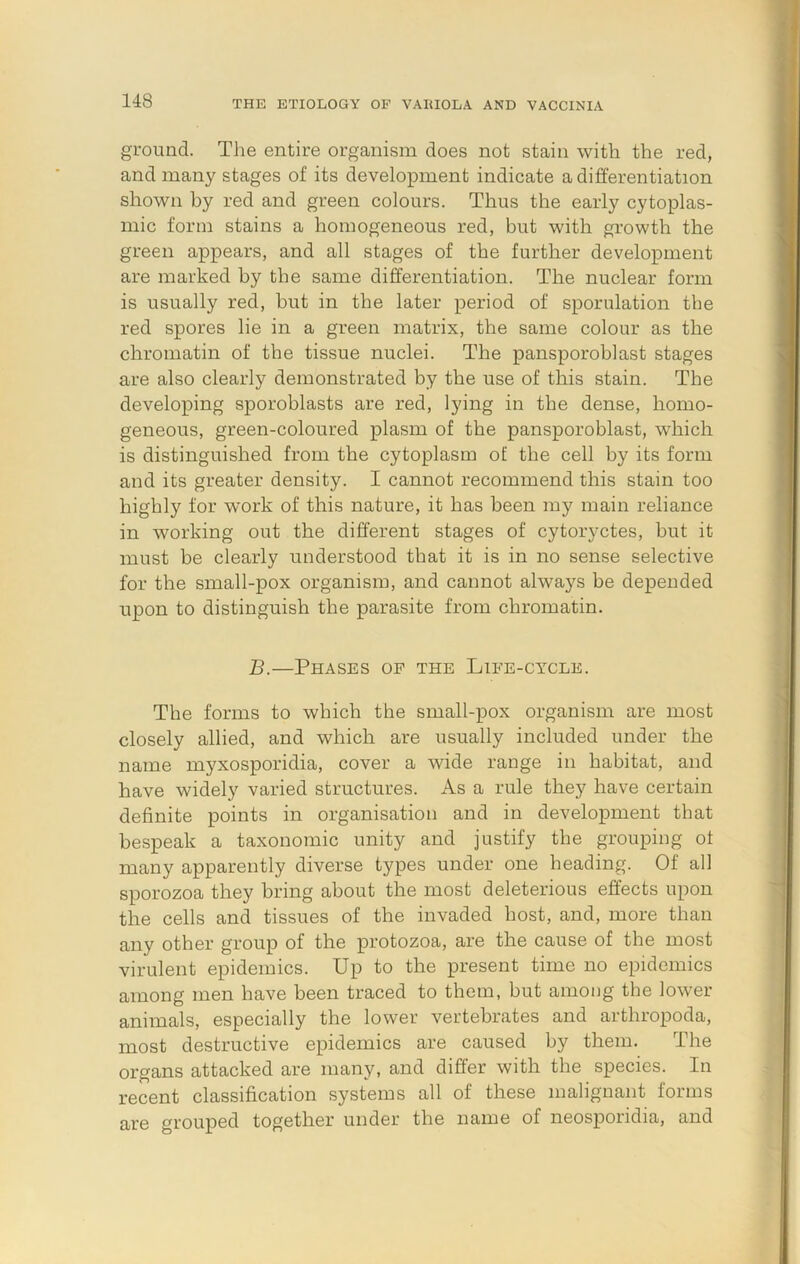 ground. The entire organism does not stain with the red, and many stages of its development indicate a differentiation shown by red and green colours. Thus the early cytoplas- mic form stains a homogeneous red, but with growth the green appears, and all stages of the further development are marked by the same differentiation. The nuclear form is usually red, but in the later period of sporulation the red spores lie in a green matrix, the same colour as the chromatin of the tissue nuclei. The pansporoblast stages are also clearly demonstrated by the use of this stain. The developing sporoblasts are red, lying in the dense, homo- geneous, green-coloured plasm of the pansporoblast, which is distinguished from the cytoplasm of the cell by its form and its greater density. I cannot recommend this stain too highly for work of this nature, it has been my main reliance in working out the different stages of cytoryctes, but it must be clearly understood that it is in no sense selective for the small-pox organism, and cannot always be depended upon to distinguish the parasite from chromatin. B.—Phases of the Life-cycle. The forms to which the small-pox organism are most closely allied, and which are usually included under the name myxosporidia, cover a wide range in habitat, and have widely varied structures. As a rule they have certain definite points in organisation and in development that bespeak a taxonomic unity and justify the grouping ot many apparently diverse types under one heading. Of all sporozoa they bring about the most deleterious effects upon the cells and tissues of the invaded host, and, more than any other group of the protozoa, are the cause of the most virulent epidemics. Up to the present time no epidemics among men have been traced to them, but among the lower animals, especially the lower vertebrates and arthropoda, most destructive epidemics are caused by them. The organs attacked are many, and differ with the species. In recent classification systems all of these malignant forms are grouped together under the name of neosporidia, and