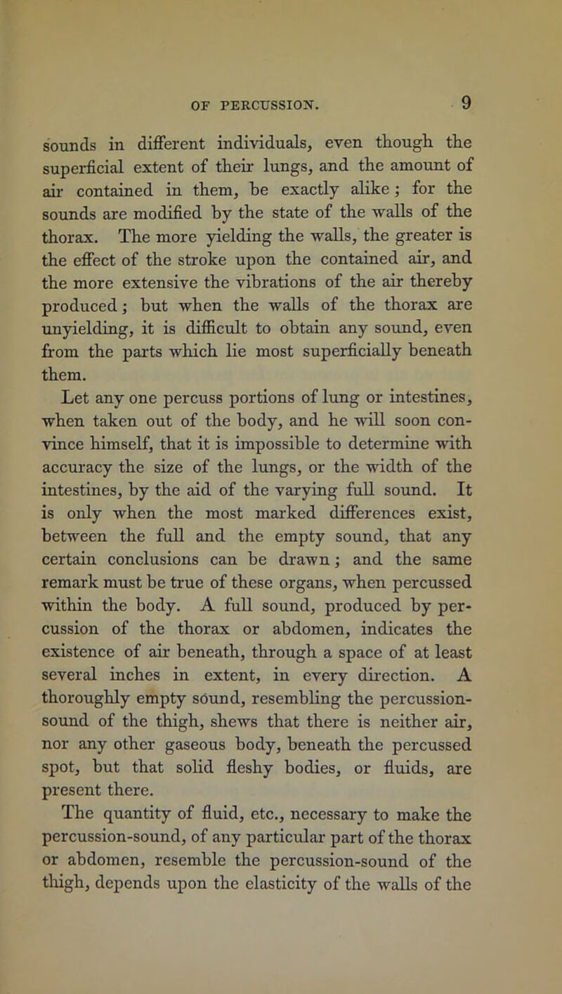 sounds in different individuals, even though the superficial extent of their lungs, and the amount of aii’ contained in them, be exactly alike; for the sounds are modified by the state of the walls of the thorax. The more yielding the walls, the greater is the effect of the stroke upon the contained air, and the more extensive the vibrations of the air thereby produced; hut when the walls of the thorax are unyielding, it is difficult to obtain any sound, even from the parts which lie most superficially beneath them. Let any one percuss portions of lung or intestines, when taken out of the body, and he will soon con- vince himself, that it is impossible to determine with accuracy the size of the lungs, or the width of the intestines, by the aid of the varying full sound. It is only when the most marked differences exist, between the full and the empty sound, that any certain conclusions can be drawn; and the same remark must be true of these organs, when percussed within the body. A full sound, produced by per- cussion of the thorax or abdomen, indicates the existence of air beneath, through a space of at least several inches in extent, in every direction. A thoroughly empty sound, resembling the percussion- sound of the thigh, shews that there is neither air, nor any other gaseous body, beneath the percussed spot, but that solid fleshy bodies, or fluids, are present there. The quantity of fluid, etc., necessary to make the percussion-sound, of any particular part of the thorax or abdomen, resemble the percussion-sound of the thigh, depends upon the elasticity of the walls of the