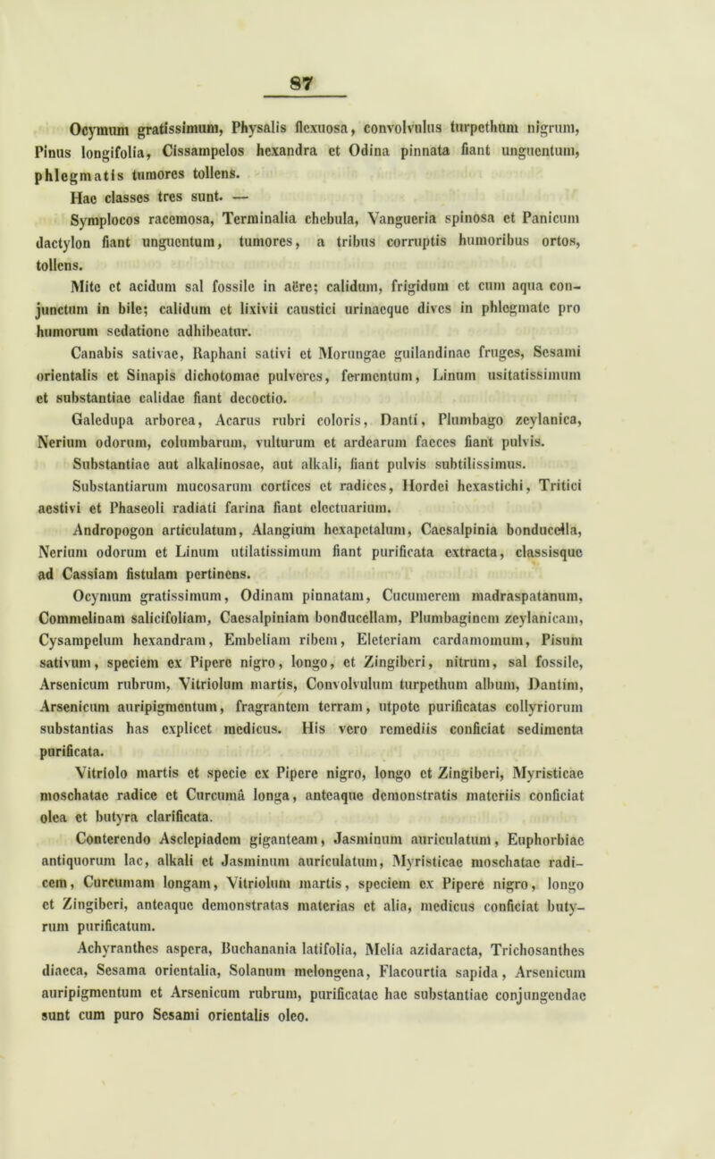 Ocyraum gratissimum, Physalis flexuosa, convolvulus turpethum nigrum, Pinus longifolia, Cissampolos hexandra et Odina pinnata fiant unguentum, phlegmatis tumores tollens. Hac classes tres sunt. — Symplocos racemosa, Terminalia chebula, Vangueria spinosa et Panicum dactylon fiant unguentum, tumores, a tribus corruptis humoribus ortos, tollens. Mite et acidum sal fossile in aiire; calidum, frigidum et cum aqua con- junctum in bile; calidum et lixivii caustici urinacquc dives in phlegmate pro humorum sedatione adhibeatur. Canabis sativae, Raphani sativi et Moruugac guilandinae fruges, Sesami orientalis et Sinapis dichotomac pulveres, fermentum, Linum usitatissimum et substantiae calidae fiant decoctio. Galedupa arborea, Acarus rubri coloris, Danti, Plumbago zeylanica, Nerium odorum, columbarum, vulturum et ardearum faeces fiant pulvis. Substantiae aut alkalinosae, aut alkali, fiant pulvis subtilissimus. Substantiarum mucosarum cortices et radices, Hordei hexastichi, Tritici aestivi et Phaseoli radiati farina fiant clcctuarium. Andropogon articulatum, Alangium hcxapetalum, Caesalpinia bonduceila, Nerium odorum et Linum utilatissimum fiant purificata extracta, classisquc ad Cassiam fistulam pertinens. Ocynium gratissimum, Odinam pinnatam, Cucumerem madraspatanum, Comniclinam salicifoliam, Caesalpiniam bonducellam, Plumbaginem zcylanicam, Cysampelum hexandram, Embeliam ribem, Eleteriam cardamomum, Pisum sativum, speciem ex Pipere nigro, longo, et Zingiberi, nitrum, sal fossile, Arsenicum rubrum, Vitriolum martis, Convolvulum turpethum album, Dantim, Arsenicum auripigmentum, fragrantem terram, utpotc purificatas collyriorum substantias has explicet medicus. His vero remediis conficiat sedimenta purificata. Vitriolo martis et specie ex Pipere nigro, longo et Zingiberi, Myristicae moschatac radice et Curcuma longa, anteaque demonstratis materiis conficiat olea et butyra clarificata. Conterendo Asclepiadem giganteam, Jasminum auriculatum, Euphorbiae antiquorum lac, alkali et Jasminum auriculatum, Myristicae moschatac radi- cem, Curcumam longam, Vitriolum martis, speciem ex Pipere nigro, longo et Zingiberi, anteaque demonstratas materias et alia, medicus conficiat buty- rum purificatum. Achyranthcs aspera, Buchanania latifolia, Melia azidaracta, Trichosanthes diacca, Sesama orientalia, Solanum mclongena, Flacourtia sapida, Arsenicum auripigmentum et Arsenicum rubrum, purificatae hac substantiae conjungendae sunt cum puro Sesami orientalis oleo.