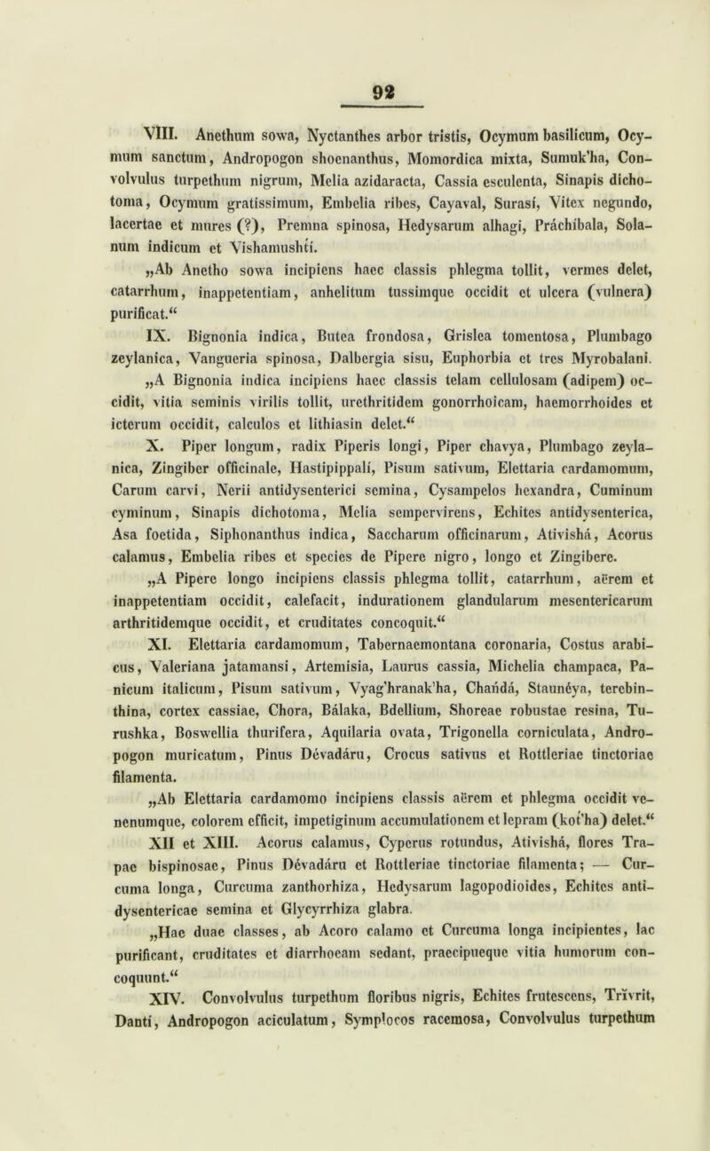 VIII. Anethum sowa, Nyctanthes arbor tristis, Ocymum basilicum, Ocy- mum sanctum, Andropogon shoenanthus, Momordica mixta, Sumuk’ha, Con- volvulus turpcthum nigrum, Melia azidaracta, Cassia esculenta, Sinapis dicho- toma, Ocymum gratissimum, Embolia ribes, Cayaval, Surasi, Vitex negundo, lacertae et mures (?), Prcmna spinosa, Hedysarum alhagi, Prachibala, Sola- num indicum et Vishamushti. ,,Ab Anetho sowa incipiens haec classis phlegma tollit, vermes delet, catarrlmm, inappetentiam, anhelitum tussimque occidit et ulcera (vulnera) purificat. IX. Bignonia indica, Butea frondosa, Grislca tomentosa, Plumbago zcylanica, Vangueria spinosa, Dalbergia sisu, Euphorbia et tres Myrobalani. „A Bignonia indica incipiens haec classis telam cellulosam (adipem) oc- cidit, vitia seminis virilis tollit, urcthritidem gonorrhoicam, haemorrhoides et icterum occidit, calculos et lithiasin delet. X. Piper longum, radix Piperis longi, Piper chavya, Plumbago zeyla- nica, Zingiber officinale, Hastipippali, Pisum sativum, Elettaria cardamomum, Carum carvi, Nerii antidyscnterici semina, Cysampclos hexandra, Cuminum cyminum, Sinapis dichotoma, Melia sempervirens, Echitcs antidysentcrica, Asa foetida, Siphonanthus indica, Saccharum officinarum, Ativisha, Acorus calamus, Embelia ribes et species de Pipere nigro, longo et Zingibere. „A Pipere longo incipiens classis phlegma tollit, catarrlmm, aerem ct inappetentiam occidit, calefacit, indurationem glandularum mesentericarum arthritidemque occidit, et cruditates concoquit. XI. Elettaria cardamomum, Tabernacmontana coronaria, Costus arabi- cus, Valeriana jatamansi, Artemisia, Laurus cassia, Michelia champaca, Pa- nicum italicum, Pisum sativum, Vyag’hranak’ha, Charida, Staundya, terebin- thina, cortex cassiae, Chora, Balaka, Bdellium, Shorcae robustae resina, Tu- rushka, Boswcllia thurifera, Aquilaria ovata, Trigonella corniculata, Andro- pogon muricatum, Pinus Devadaru, Crocus sativus et Rottleriac tinctoriac filamenta. „Ab Elettaria cardamomo incipiens classis a lirem ct phlegma occidit vc- nenumque, colorem efficit, impetiginum accumulationem ct lepram (kofha) delet. XII et XIII. Acorus calamus, Cypcrus rotundus, Ativisha, flores Tra- pac bispinosac, Pinus Ddvadaru et Rottleriac tinctoriac filamenta; — Cur- cuma longa, Curcuma zanthorhiza, Hedysarum lagopodioides, Echitcs anti- dysentericae semina et Glycyrrhiza glabra. „Hac duae classes, ab Acoro calamo ct Curcuma longa incipientes, lac purificant, cruditates ct diarrhoeam sedant, praccipucquc vitia humorum con- coquunt. XIV. Convolvulus turpcthum floribus nigris, Echites frutescens, Trxvrit, Danti, Andropogon aciculatum, Symplocos racemosa, Convolvulus turpethum