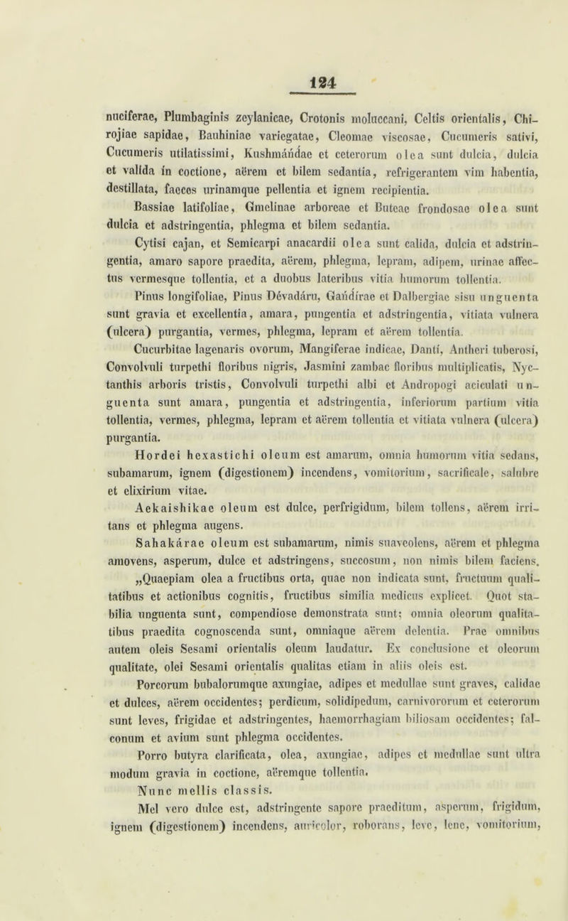 nucifcrae, Plumbaginis zoylanicac, Crotonis moluccani, Celtis orientalis, Chi— rojiac sapidae, Bauhiniac variegatae, Ciconiae viscosae, Cucumeris sativi, Cucumeris utilatissimi, Kushmaridac et ceterorum olea sunt dulcia, dulcia et valida in coctione, aflrem et bilem sedantia, refrigerantem vim habentia, destillata, faeces urinamque pellentia et ignem recipientia. Bassiae latifoliae, Gmclinae arboreae et Butcac frondosae olea sunt dulcia et adstringentia, phlegma et bilem sedantia. Cytisi cajan, et Semicarpi anacardii olea sunt calida, dulcia et adstrin- gentia, amaro sapore praedita, aerem, phlegma, lepram, adipem, urinae affec- tus vermesque tollentia, et a duobus lateribus vitia humorum tollentia. Pinus longifoliae, Pinus D6vadaru, Garidirac et Dalbergiae sisu unguenta sunt gravia et excellentia, amara, pungentia et adstringentia, vitiata vulnera (ulcera) purgantia, vermes, phlegma, lepram et aerem tollentia. Cucurbitae lagenaris ovorum, Mangiferae indicac, Danti, Anthcri tuberosi, Convolvuli turpethi floribus nigris, Jasmini zambac floribus multiplicatis, Nyc- tanthis arboris tristis, Convolvuli turpethi albi et Andropogi aciculati un- guenta sunt amara, pungentia et adstringentia, inferiorum partium vitia tollentia, vermes, phlegma, lepram et acrem tollentia et vitiata vulnera (ulcera) purgantia. Hordei h cxastichi oleum est amarum, omnia humorum vitia sedans, subamarum, ignem (digestionem) incendens, vomitorium, sacrificale, salubre et elixirium vitae. Aekaishikac oleum est dulce, perfrigidum, bilem tollens, a’erem irri- tans ct phlegma augens. Sahakarae oleum est subamarum, nimis suaveolens, aerem ct phlegma amovens, asperum, dulce et adstringens, succosum, non nimis bilem faciens. „Quaepiam olea a fructibus orta, quae non indicata sunt, fructuum quali- tatibus et actionibus cognitis, fructibus similia medicus explicet. Quot sta- bilia unguenta sunt, compendiose demonstrata sunt; omnia oleorum qualita- tibus praedita cognoscenda sunt, onmiaque aerem delentia. Prae omnibus autem oleis Sesami orientalis oleum laudatur. Ex conclusione ct oleorum qualitate, olei Sesami orientalis qualitas etiam in aliis oleis est. Porcorum bubalorumque axungiae, adipes ct medullae sunt graves, calidae ct dulces, aerem occidentes; perdicum, solidipedum, carnivororum ct ceterorum sunt leves, frigidae ct adstringentes, haemorrhagiam biliosam occidentes; fal- conum et avium sunt phlegma occidentes. Porro butyra clarificata, olea, axungiae, adipes ct medullae sunt ultra modum gravia in coctione, aeremque tollentia. Nunc mellis classis. Mei vero dulce est, adstringente sapore praeditum, asperum, frigidum, ignem (digestionem) incendens, auricolor, roborans, leve, lene, vomitorium,