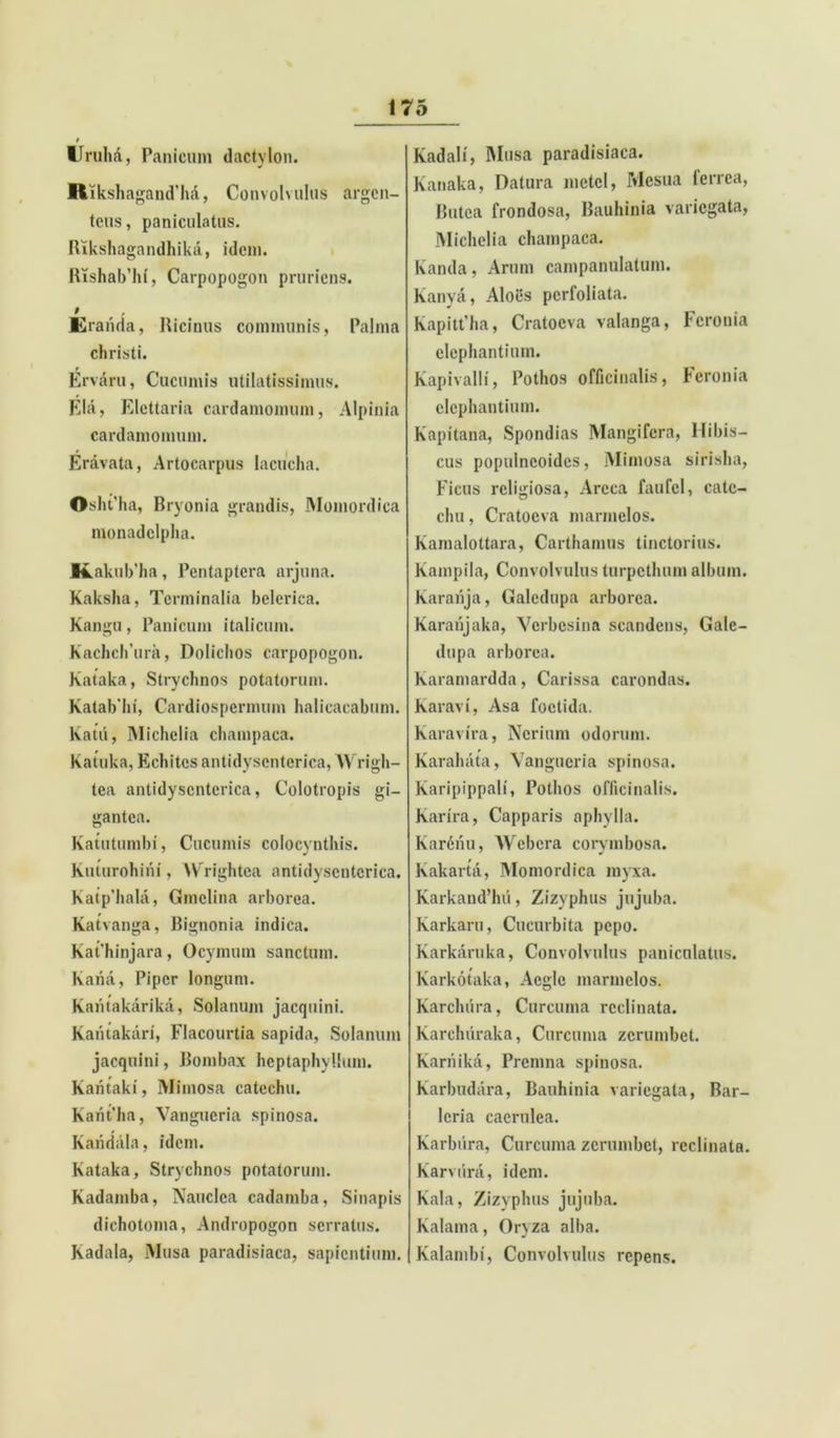 Uruhd, Panicum dactylon. Rikshagand’hd, Convolvulus argen- teus, paniculatus. Rikshagandhikd, idem. Rishab'hf, Carpopogon pruriens. 9 , Eraiida, Ricinus communis, Palma christi. Ervaru, Cucumis utilatissimus. Eia, Elettaria cardamomum, Alpinia cardamoinum. Eravata, Artocarpus lacucha. Osht’ha, Bryonia grandis, Momordica monadclpha. K.akub’ha, Pentaptera arjuna. Kaksha, Terminalia belerica. Kangu, Panicum italicum. Kachch’ura, Dolichos carpopogon. kataka, Strychnos potatorum. Katab'hi, Cardiospermum halicacabum. Katu, IMiclielia champaca. Katuka, Echitcs antidyscnterica, AVrigh- tea antidyscnterica, Colotropis gi- gantea. Katutumbi, Cucumis colocynthis. Kuturobini, Wrightea antidyscnterica. Katpliala, Gmclina arborea. Katvanga, Bignonia indica. Kat*hinjara, Ocymum sanctum. Karia, Piper longum. Karitakarika, Solanum jacquini. Kantakari, Flacourtia sapida, Solanum jacquini, Bombax heptaphyllum. Kantaki, Mimosa catechu. Karit’ha, Vangucria spinosa. Karidala, idem. Kataka, Strychnos potatorum. Kadamba, Nauclca cadamba, Sinapis dichotoma, Andropogon serratus. Kadala, Alusa paradisiaca, sapientium. Kadali, Musa paradisiaca. Kanaka, Datura metcl, Mesua ferrea, Butca frondosa, Bauhinia variegata, IMiclielia champaca. Kanda, Arum campanulatum. Kanya, Aloes perfoliata. Kapitt’ha, Cratocva valanga, Feronia elephantium. Kapivalli, Pothos officinalis, Feronia elephantium. Kapitana, Spondias Mangifera, llibis- cus populncoides, Mimosa sirislia, Ficus religiosa, Areca faufel, cate- chu , Cratocva marmelos. Kamalottara, Carthamus tinctorius. Kampila, Convolvulus turpethum album. Karanja, Galcdupa arborea. Karanjaka, Verbcsina scandens, Gale- dupa arborea. Karaniardda, Carissa carondas. Karavi, Asa foetida. Karavira, Ncrium odorum. Karahata, Vangucria spinosa. Karipippali, Pothos officinalis. Karira, Capparis aphylla. Kardnu, Wcbcra corymbosa. Kakarta, Alomordica myxa. KarkamVhii, Zizyphus jujuba. Karkaru, Cucurbita pepo. Karkaruka, Convolvulus paniculatus. Karkotaka, Aegie marmelos. Karchura, Curcuma reclinata. Karchiiraka, Curcuma zerumbet. Karnikd, Premna spinosa. Karbudara, Bauhinia variegata, Bar- lcria caerulea. Karbiira, Curcuma zerumbet, reclinata, karviira, idem. Kala, Zizyphus jujuba. Kalama, Oryza alba. Kalambi, Convolvulus repens.