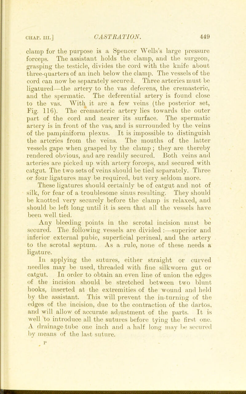 CUAl’. 1X1.] clamp fur the purpose is a Spencer Wells’s large pressure forceps. The assistant holds the clamp, and the surgeon, grasping the testicle, divides the cord with the knife about three-quarters of an inch below the clamp. The vessels of the cord can now be separately secured. Three arteries must be ligatured—the artery to the vas deferens, the cremasteric, and the spermatic. The deferential artery is found close to the vas. With it are a few veins (the posterior set. Fig. 116). The cremasteric artery lies towards the outer part of the cord and nearer its surface. The spermatic artery is in front of the vas, and is surrounded by the veins of the pampiniform plexus. It is impossible to distinguish the arteries from the veins. The mouths of the latter vessels gape when grasped by the clamp; they are thereby rendered obvious, and are readily secured. Both veins and arteries are picked up with artery forcej5S, and secured with catgut. The two sets of veins should be tied separately. Three or four ligatures may be required, but very seldom more. These ligatures should certainly be of catgut and not of silk, for fear of a troublesome sinus resulting. They should be knotted very securely before the clamp is relaxed, and should be left long until it is seen that all the vessels have been well tied. Any bleeding points in the sci’otal incision must be secured. The following vessels are divided :—superior and inferior external pubic, superficial perineal, and the artery to the scrotal septum. As a rule, none of these needs a ligature. In applying the sutures, either straight or curved needles may be used, threaded with fine silkworm gut or catgut. In order to obtain an even line of union the edges of the incision should be stretched between two blunt hooks, inserted at the extremities of the wound and held by the assistant. This will prevent the in-turning of the edges of the incision, due to the contraction of the dartos, and will allow of accurate ad|ustment of the parts. It is well to introduce all the sutures before tying the first one. A drainage tube one inch and a half long may l)e secured l)y means of the last suture. i>