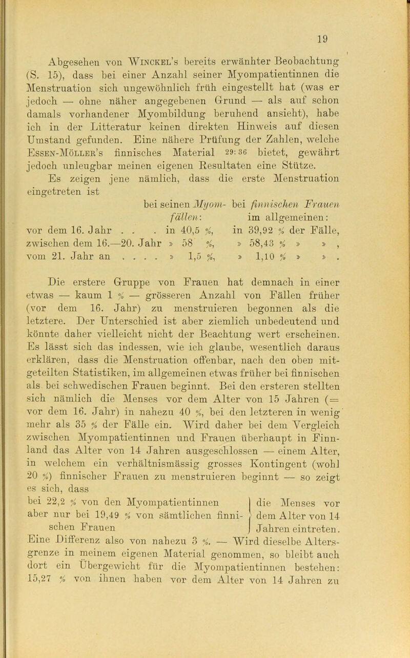 Abgesehen von Winckel’s bereits erwänhter Beobachtung (S. 15), dass bei einer Anzahl seiner Myompatientinnen die Menstruation sich ungewöhnlich früh eingestellt hat (was er jedoch — ohne näher angegebenen Grund — als auf schon damals vorhandener Myombildung beruhend ansieht), habe ich in der Litteratur keinen direkten Hinweis auf diesen Umstand gefunden. Eine nähere Prüfung der Zahlen, welche Essen-Möller’s finnisches Material 29:36 bietet, gewährt jedoch unleugbar meinen eigenen ^Resultaten eine Stütze. Es zeigen jene nämlich, dass die erste Menstruation eingetreten ist bei seinen Myom- bei finnischen Frauen fällen: im allgemeinen: vor dem 16. Jahr . . .in 40,5 %, zwischen dem 16.—20. Jahr » 58 %, vom 21. Jahr an .... » 1,5 %, in 39,92 % der Fälle, » 58,43 % » » , » 1,10 % » » Die erstere Gruppe von Frauen hat demnach in einer etwas — kaum 1 % — grösseren Anzahl von Fällen früher (vor dem 16. Jahr) zu menstruieren begonnen als die letztere. Der Unterschied ist aber ziemlich unbedeutend und könnte daher vielleicht nicht der Beachtung wert erscheinen. Es lässt sich das indessen, wie ich glaube, wesentlich daraus erklären, dass die Menstruation offenbar, nach den oben mit- geteilten Statistiken, im allgemeinen etwas früher bei finnischen als bei schwedischen Frauen beginnt. Bei den ersteren stellten sich nämlich die Menses vor dem Alter von 15 Jahren (— vor dem 16. Jahr) in nahezu 40 % bei den letzteren in wenig mehr als 35 % der Fälle ein. Wird daher bei dem Vergleich zwischen Myompatientinnen und Frauen überhaupt in Finn- land das Alter von 14 Jahren ausgeschlossen — einem Alter, in welchem ein verhältnismässig grosses Kontingent (wohl 20 /) finnischer Frauen zu menstruieren beginnt — so zeigt es sich, dass bei 22,2 % von den Myompatientinnen | die Menses vor aber nur bei 19,49 % von sämtlichen finni- , dem Alter von 14 sehen Frauen ] Jahreneintreten. Eine Differenz also von nahezu 3 %. — Wird dieselbe Alters- grenze in meinem eigenen Material genommen, so bleibt auch dort ein Übergewicht für die Myompatientinnen bestehen: 15,27 % von ihnen haben vor dem Alter von 14 Jahren zu