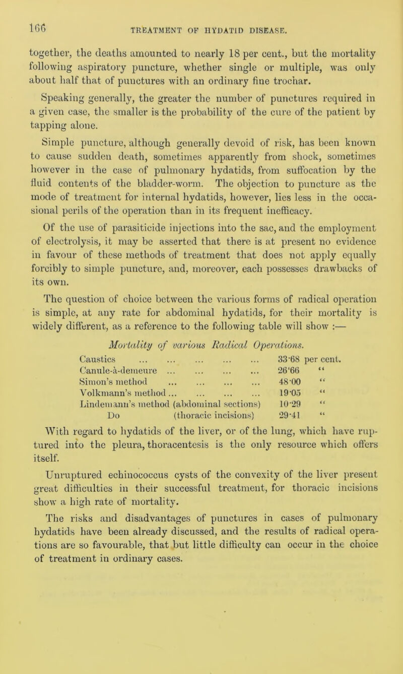 1G6 together, the deaths amounted to nearly 18 per cent., but the mortality following aspiratory puncture, whether single or multiple, was only about half that of punctures with an ordinary fine trochar. Speaking generally, the greater the number of punctures required in a given case, the smaller is the probability of the cure of the patient by tapping alone. Simple puncture, although generally devoid of risk, has been known to cause sudden death, sometimes apparently from shock, sometimes however in the case of pulmonary hydatids, from suffocation by the fluid contents of the bladder-worm. The objection to puncture as the mode of treatment for internal hydatids, however, lies less in the occa- sional perils of the operation than in its frequent inefficacy. Of the use of parasiticide injections into the sac, and the employment of electrolysis, it may be asserted that there is at present no evidence in favour of these methods of treatment that does not apply equally forcibly to simple puncture, and, moreover, each possesses drawbacks of its own. The question of choice between the various forms of radical operation is simple, at any rate for abdominal hydatids, for their mortality is widely different, as a reference to the following table will show :— Mortality of various Radical Operations. Caustics Canule-a-demeure Simon’s method Volkmann’s method Lindemaim’s method (abdominal sections) Do (thoracic incisions) 33'68 per cent. 26‘66 “ 48-00 19-05 10-29 29-41 With regard to hydatids of the liver, or of the lung, which have rup- tured into the pleura, thoracentesis is the only resource which offers itself. Unruptured echinococcus cysts of the convexity of the liver present great difficulties in their successful treatment, for thoracic incisions show a high rate of mortality. The risks and disadvantages of punctures in cases of pulmonary hydatids have been already discussed, and the results of radical opera- tions are so favourable, that but little difficulty can occur in the choice of treatment in ordinary cases.