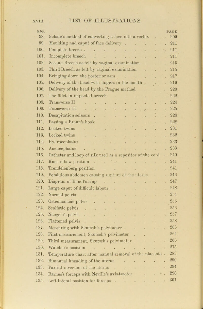 FIG. PAGE 98. Schatz’s method of converting a face into a vertex . . 209 99. Moulding and caput of face delivery ...... 211 100. Complete breech .211 101. Incomplete breech 211 102. Second Breech as felt by vaginal examination . . . 215 103. Third Breech as felt by vaginal examination . . . 215 104. Bringing down the x^osterior arm 217 105. Delivery of the head with fingers in the mouth . . . 219 106. Delivery of the head by the Prague method . . . 220 107. The fillet in imxiacted breech 222 108. Transverse II 224 109. Transverse III 225 110. Decaxiitation scissors 228 111. Passing a Braun’s hook . 228 112. Locked twins 231 113. Locked twins 232 114. Hydrocexjhalus 233 115. Anencephalus 233 116. Catheter and looii of silk used as a repositor of the cord . 240 117. Knee-elbow position . . ' 241 118. Trendelenberg x^osition 241 119. Pendulous abdomen causing rupture of the uterus . . 246 120. Diagram of Bandl’s ring 247 121. Large caput of difficult labour 248 122. Normal pelvis 254 123. Osteomalacic x^elvis 255 124. Scoliotic x)elvis 256 125. Naegele’s pelvis 257 126. Flattened pelvis 258 127. Measuring with Skutsch’s x^elvimeter ..... 263 128. First measurement, Skutsch’s xielvimeter .... 264 129. Third measurement, Skutsch’s x^elvimeter .... 266 130. Watcher’s position ........ 275 131. Temxierature chart after manual removal of the x^lacenta . 283 132. Bimanual kneading of the uterus 290 133. Partial inversion of the uterus 294 134. Barnes’s forceps with Neville’s axis-tractor . . . ' . 298 135. Left lateral position for forceps 301