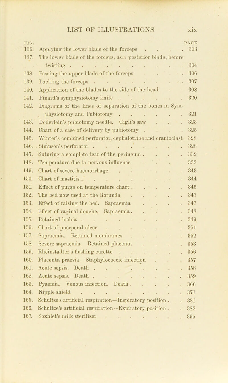 FIG. PAGE 136, Applying the lower blade of the forceps .... 303 137. The lower blade of the forceps, as.a posterior blade, before twisting .......... 138. Passing the upper blade of the forceps . . 13‘J. Locking the forceps ....... 140. Application of the blades to the side of the head 141. Pinard’s symphysiotomy knife ...... 142. Diagrams of the lines of separation of the bones in Sym- physiotomy and Pubiotomy .... . . 143. Doderlein’s pubiotomy needle. Gigli’s saw 144. Chart of a case of delivery by pubiotomy . . . . 145. Winter’s combined perforator, cephalotribe and cranioclast 146. . Simpson’s perforator ........ 147. Suturing a complete tear of the perineum .... 148. Temperature due to nervous influence . . . . 149. Chart of severe haemorrhage ...... 150. Chart of mastitis ......... 151. Effect of purge on temperature chart . . . . . 152. The bed now used at the Rotunda ..... 153. Effect of raising the bed. Sapraemia . . . . 154. Effect of vaginal douche. Sapraemia. . . . . 155. Retained lochia ......... 156. Chart of puerperal ulcer 157. Sapraemia. Retained membranes ..... 158. Severe sapraemia. Retained placenta .... 159. Rheinstadter’s flushing curette ...... 160. Placenta praevia. Staphylococcic infection 161. Acute sepsis. Death 162. Acute sepsis. Death 163. Pyaemia. Venous infection. Death 164. Nipple shield 165. Schultze’s artificial respiration—Inspiratory position . 166. Schultze’s artificial respiration -Expiratory position . 167. Soxhlet’s milk sterilizer ....... 304 306 307 308 320 321 323 325 328 328 332 332 343 344 346 347 347 348 349 351 352 353 356 357 358 359 366 371 381 382 395