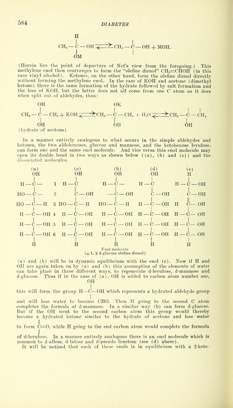 H OH* — C- I OM (Herein lies the point of departure of Nef’s view from the foregoing.) This methylene enol then rearranges to form the “olefine dienol” CH^CHOH (in this case vinyl alcohol). Ketones, on the other hand, form the olefine dienol directly without forming the methylene enol. In the case of KOH and acetone (dimethyl ketone) there is the same formation of the hydrate followed by salt formation and the loss of KOH, but the latter does not all come from one C atom as it does when split out of aldehydes, thus: OH OK CH3 — 0 — CH3 4- KOH > ->CH3 — C — CH3 + TLO zj I I OH OH (hydrate of acetone) In a manner entirely analogous to what occurs in the simple aldehydes and ketones, the two aldohexoses, glucose and mannose, and the ketohexose levulose, can form one and the same enol molecule. And vice versa this enol molecule may open its double bond in two ways as shown below ( (a), (b) and (e) ) and the dissociated molecules. ±CH3 — C — ch2 Ah ■OH - CH -A- ■ OH + MOH. (a) (c) (b) (d) (e) OH I OH 1 OH i OH 1 H i H — 1 C — i II- 1 c 1 H —C — II — 1 C h— 1 ■C — ■OH 1 II 1 II 1 HO- ■ c — 1 2 C —OH i — 0 — OH 1 C —OH 1 c — II ■OH IIO— C —H 3 IIO — 1 C —H 1 HO —C —H H — C —OH 1 H L i OH H — C-OH4 H — C —OH 1 H — C — OH 1 H — C — OH H — i c— 1 OH H — C —OH 1 5 Ji- C —OH 1 H — C — OH 1 H — | C —OH II — 1 c— 1 OH H — C —OH 6 ll— C —OH i II — C — OH H — | 0 —OH 1 H — 1 c— 1 OH A 1 H A Enol molecule t 1 H (a 1. 2 d-glucose olefine dienol) (a) and (b) will be in dynamic equilibrium with the enol (c). Now if H and OH are again taken on by (a) and (b) this assumption of the elements of water can take place in three different ways, to regenerate d-levulose, d-mannose and d-glucose. Thus if in the case of (a), OH is added to carbon atom number one, OH I this will form the group H—C—OH which represents a hydrated aldehyde group I and will lose water to become CHO. Then H going to the second C atom completes the formula of d-mannose. In a similar way (b) can form d-glucose. But if the OH went to the second carbon atom this group would thereby become a hydrated ketone similar to the hydrate of acetone and lose water I to form C=0, while H going to the end carbon atom would complete the formula of d-levulose. In a manner entirely analogous there is an enol molecule which is common to d-allose, d-latose and d-pseudo fructose (see (d) above). It will be noticed that each of these enols is in equilibrium with a 2-keto-