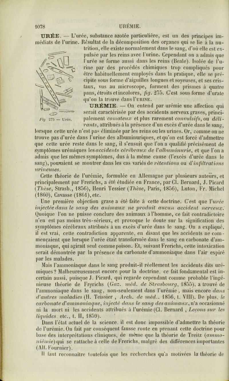 275 — Urée. URÉE. — L’urée, substance azotée particulière, est un des principes im- médiats de l’iirine. Résultat de la décomposition des organes qui se lie à la nu- Iriliou, elle existe normalement dans le sang, d’où elle est ex- pulsée par les reins avec l’urine» Cependant on a admis que l’urée se forme aussi dans les reins (Beale). Isolée de l’u- rine par des procédés chimiques trop compliqués pour éire habituellement employés dans la pratique, elle se pré- cipite sous forme d’aiguilles longues et soyeuses, et ses cris- taux, vus au microscope, forment des prismes à quatre pans, étroits et incolores, flg.^lb. C’est sous forme d’urate qu’on la trouve dansl’uRiNE. URÉMIE. — On entend par urémie une affection qui serait caractérisée par des accidents nerveux graves, princi- palement comateux et plus rarement conurt^si/s, ou déli- rants^ attribués à la présence d’un excès d’urée dans le sang, lorsque cette urée n’est pas éliminée par les reins ou les urines. Or, comme on ne trouve pas d’urée dans Turiiie des albuminuriques, et qu’on est forcé d’admettre que cette urée reste dans le sang, il s’ensuit que l’on a qualifié précisément de symptômes urémiques \es> accidents cérébraux de l’albuminurie, et que l’on a admis que les mêmes symptômes, dus à la même cause (l’excès d’urée dans le sang), pouvaient se montrer dans les cas variés de rétentions ou (ïinfiltrations urineuses. Cette théorie de l’urémie, formulée en Allemagne par plusieurs auteurs, et principalement par Freriebs, a été étudiée en France, par Cl. Bernard, J. Picard {Thèse, Strasb., 1856), Henri Tessier {Thèse, Paris, 1856), Luton, Fr. Michel (1860), Cavasse (1861), etc. Une première objection grave a été faite à cette doctrine. C’est que Vurée mjectée dans le sang des animaux ne produit aucun accident nerveux.' Quoique l’on ne puisse conclure des animaux à l’homme, ce fait contradictoire n’en est pas moins très-sérieux, et provoque le doute sur la signification des symptômes cérébraux attribués à un excès d’urée dans le sang. (Jn a expliqué, il est vrai, cette contradiction apiiarente, en disant que les accidents ne com- mençaient que lorsque l’urée était transformée dans le sang en carbonate d’am- moniaque, qui agirait seul commepoison. Et, suivant Freriebs, celte intoxication serait démontrée par la présence du carbonate d’ammoniaque dans l’air expiré par les malades. Mais l’ammoniaque dans le sang produit-il réellement les accidents dits uré- miques? Malheureusement encore pour la doctrine, ce fait fondamental est in- certain aussi, puisque J. Picard, qui regarde cependant comme probable l’ingé- nieuse théorie de Freriebs {Gaz. méd. de Strasbourg, 1855), a trouvé de l’ammoniaque dans le sang, non-seulement dans Furémie, mais encore dans d’autres maladies (H. Teissier , Arch. de méd.. 1856, t. VIII). Do plus, le carbonate d’ammoniaque, injecté dans le sang des animaux, n’a occasionné ni la mort ni les accidents allribués à l’urémie (Cl. Bernard , Leçons sur les liquides, etc., t. II, 18511). Dans l’état actuel de la science, il est donc impossible d’admettre la théorie de l’urémie. On fait par conséquent fausse route en prenant cette doctrine pour base des interprétations clinicpies, de même que la théorie de Treilz {a}nmo- niémie){[uï se rattache à celle de Freriebs, malgré des diiïérences inqiortanles (AK. f’ournier). Il laul reconnaître (uulefuis ([ue les recherches qu’a motivées la théorie de