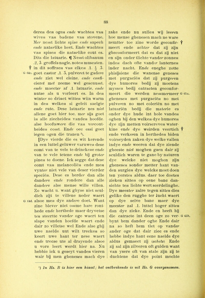 der en den ogen ende wachten va n wiven van badene van stovene. Mer ne>nt Lichte spise ende sapech ende natnrlike heet. Ende wachten van spisen die natnrlike cout es. Dits die latuarie. <1 Ne?nt olibanum .2. 3. groffels nagle. notenmuscaten. f in dit soft'raen van eiken .1. ^ .3. g 64c. goet castor .1. 3. pulveret te gadere ende ziet wel cleine. ende confi- cieret met zeeme wel gescuumt. ende maecter af .1. latnarie. ende nutse als u vorleert es. In den winter so drinct witten wiin warm in den welken si geleit saelgie ende rute. Dese latuarie nes niet allene goet hier toe. mer sijs goet in alle ziecheiden vanden hoofde, alse hooftswere die van vercout- heide?i comt. Ende oec essi goet iegen ogen die tranen ’). [Dye vierde die es wit kerende in een luttel geluwer varuwen dese comt van te vele te drincke?ie ende van te vele tetene ende bij groter pinen te doene. Ick segge dat dese comt van melancoliën ende men vynter niet vele van deser vierder speciën. Dese es herder dan alle dandere ende rondere dan alle dandere alse mense wille villen. Zo wacht u. want ghyse niet scul- dich zijt te villene neder waert g 64d. alsoe men dye andere doet. Want zine blever niet orame hare ront- hede ende herthede maer dryvetse ten steertte vander oge waert ten slape vanden hoefde waert ende dair zo villetse wel Ende alse ghij uwe naelde uut wilt trecken so keert uwe hant ter nese waert ende treese ute al drayende alsoe u vore leert werdt hier na. Nu hebbic ick u geseyt vanden vieren wair bij men ghenesen mach dye zake ende nu sullen wij leeren hoe mense ghenesen mach ne ware nemtter toe zine worde geconfir- '{* meert ende achter dat zij zijn gheconformeert dat es dat zij niet en sijn onder tlichte vander zonnen inden dach ofte vander lanternen inder nacht. Ende eneghe zotte phisijsiene die wanense genesen met purgaciën dat zij purgeren dye humoren bedij zij moetens myssen bedij catracten geconfor- meert die werden nemmermeer G 65a. ghenesen met purgaciën no met pulveren no met coleriën no met latuariën bedij die materie es onder dye hude int hole vanden oghen bij den welken dye humoren dye zijn metten voirscreven water- kine ende dye weirden veertich f ende verkeren in hertheden biden voirseyden zaken dye welke vallen indye ende weeren dat dye ziende gheeste niet moghen gaen dair zij sculdich waren te gane by naturen dye welcke niet moghen zijn ghenesen sonder metter hant van- den surgien dye welcke moet doen ten yersten aldus, daer toe doeten zieken sitten op eene banc dan- sichte ten lichte wert scerdelinghe. Dye meester zalre tegen sitten dies gelike den rugghe ter lucht waert op dye selve banc maer dye meester zal .1. luttel hoger sitten dan dye zieke. Ende en heeft hij die catracte int deen oge zo ver- g 65b. bynt hem dander oghe Ende dair na so heft hem tiet op vander ander oge dat dair ziec es ende hebbe indye hant eene naelde dye aldus gemaect zij (schets) Ende zij sal zijn zilveren oft gulden want van ysere oft van stale zijn zij te duchtene dat dye point mochte ‘) ln Hs. B is hier een hiaat; het ontbrekende is uit Hs. G overgenomen.