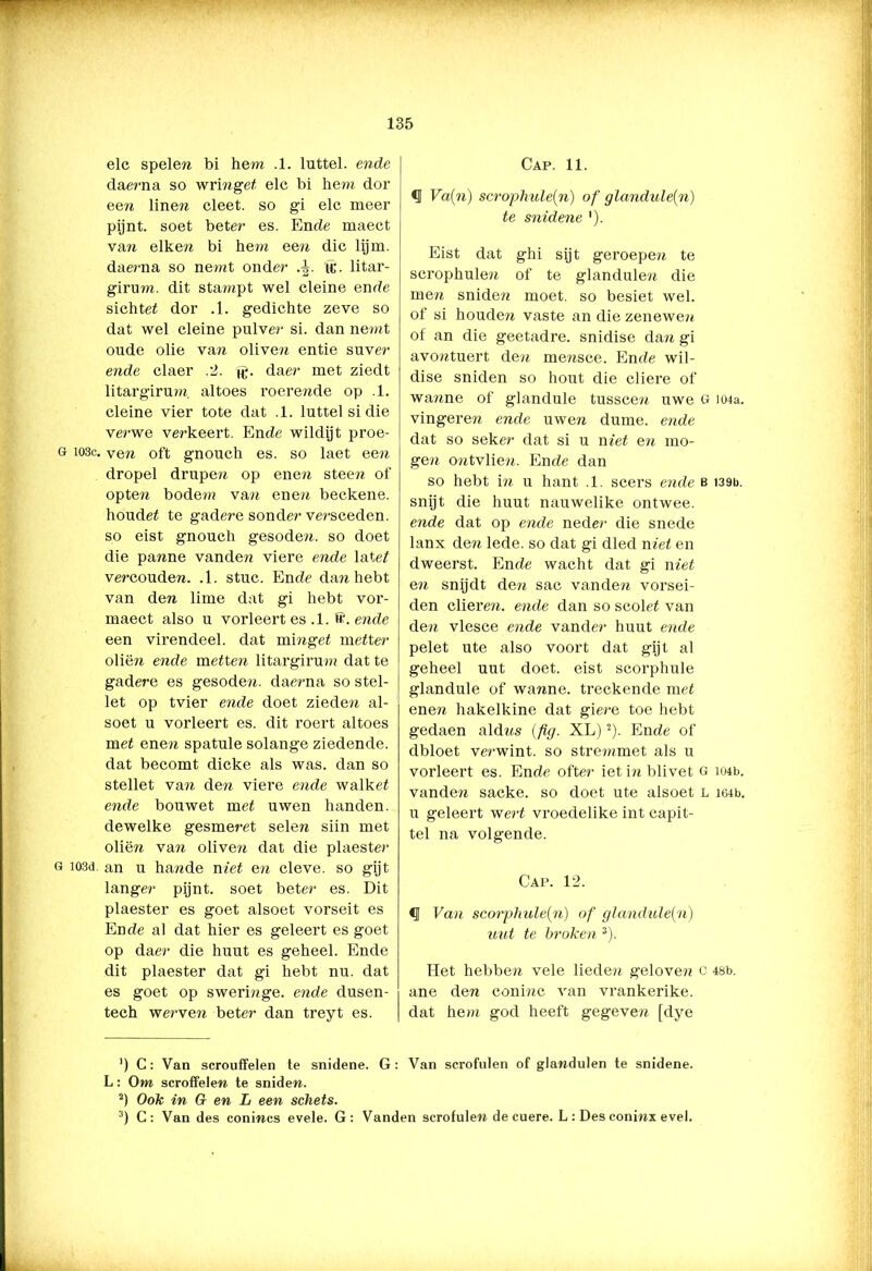elc spelen bi hem .1. luttel, ende daerna so wringet elc bi hem dor een linen cleet. so gi elc meer pijnt, soet beter es. Ende maect va n elk en bi hem een die lijm. daerna so nemt onder .^. tt;. litar- girum. dit stampt wel cleine ende sichtef dor .1. gedichte zeve so dat wel cleine pulver si. dan nemt oude olie va« oliven entie suver ende claer .2. jg. daer met ziedt litargirum. altoes roerende op .1. cleine vier tote dat .1. luttel si die verwe verkeert. Ende wildijt proe- i03c. ven oft gnouch es. so laet een dropel drupen op enen steen of opten bodem van enen beckene. houdef te gadere sonder versceden. so eist gnouch gesoden. so doet die panne vanden viere ende late/ vercouden. .1. stuc. Ende da?i hebt van den lime dat gi hebt vor- maect also u vorleert es .1. ff', ende een virendeel. dat mingef me/ter oliën ende metten litargirum dat te gadere es gesoden. daerna so stel- let op tvier ende doet zieden al- soet u vorleert es. dit roert altoes met enen spatule solange ziedende, dat becomt dicke als was. dan so stellet van den viere ende walkef ende bouwet met uwen handen, dewelke gesmeret selen siin met oliën van oliven dat die plaester i03d. an u hande niet en cleve. so gijt langer pijnt, soet beter es. Dit plaester es goet alsoet vorseit es Ende al dat hier es geleert es goet op daer die huut es geheel. Ende dit plaester dat gi hebt nu. dat es goet op sweringe. ende dusen- tech werven beter dan treyt es. Cap. 11. <1 Va{n) scrophule(n) of glandule(n) te snidene '). Eist dat ghi sijt geroepe?i te scrophulen of te glandule?^ die men sniden moet. so besiet wel. of si houden vaste an die zenewen of an die geetadre. snidise dan gi avontuert den mensce. Ende wil- dise sniden so hout die diere of wanne of glandule tusscen uwe G 104a. vingeren ende uwen dume. ende dat so seker dat si u niet en mo- gen ontvlien. Ende dan so hebt in u hant .1. scers ende b i39b. snijt die huut nauwelike ontwee. ende dat op ende neder die snede lanx den lede. so dat gi dled niet en dweerst. Ende wacht dat gi met en snijdt den sac vanden vorsei- den dieren. ende dan so scolet van den vlesce ende vander huut ende pelet ute also voort dat gijt al geheel uut doet. eist scorphule glandule of wanne, treckende met enen hakelkine dat giere toe hebt gedaen aldns {fig. XL)2). Ende of dbloet verwint, so stremmet als u vorleert es. Ende ofter iet in blivet g i04b. vanden sacke. so doet ute alsoet l io4b. u geleert werf vroedelike int capit- tel na volgende. Gap. 12. Cf Van scorphule(n) of glandiüein) uut te broken 3). Het hebben vele lieden geloven c 48b. ane den coninc van vrankerike. dat hem god heeft gegeven [dye ’) C: Van scrouffelen te snidene. G: Van scrofulen of glandulen te snidene. L: Om scroffelen te sniden. 2) Ook in Gr en L een schets. 3) C: Van des conincs evele. G: Vanden scrofulen de cuere. L : Des coninx evel.