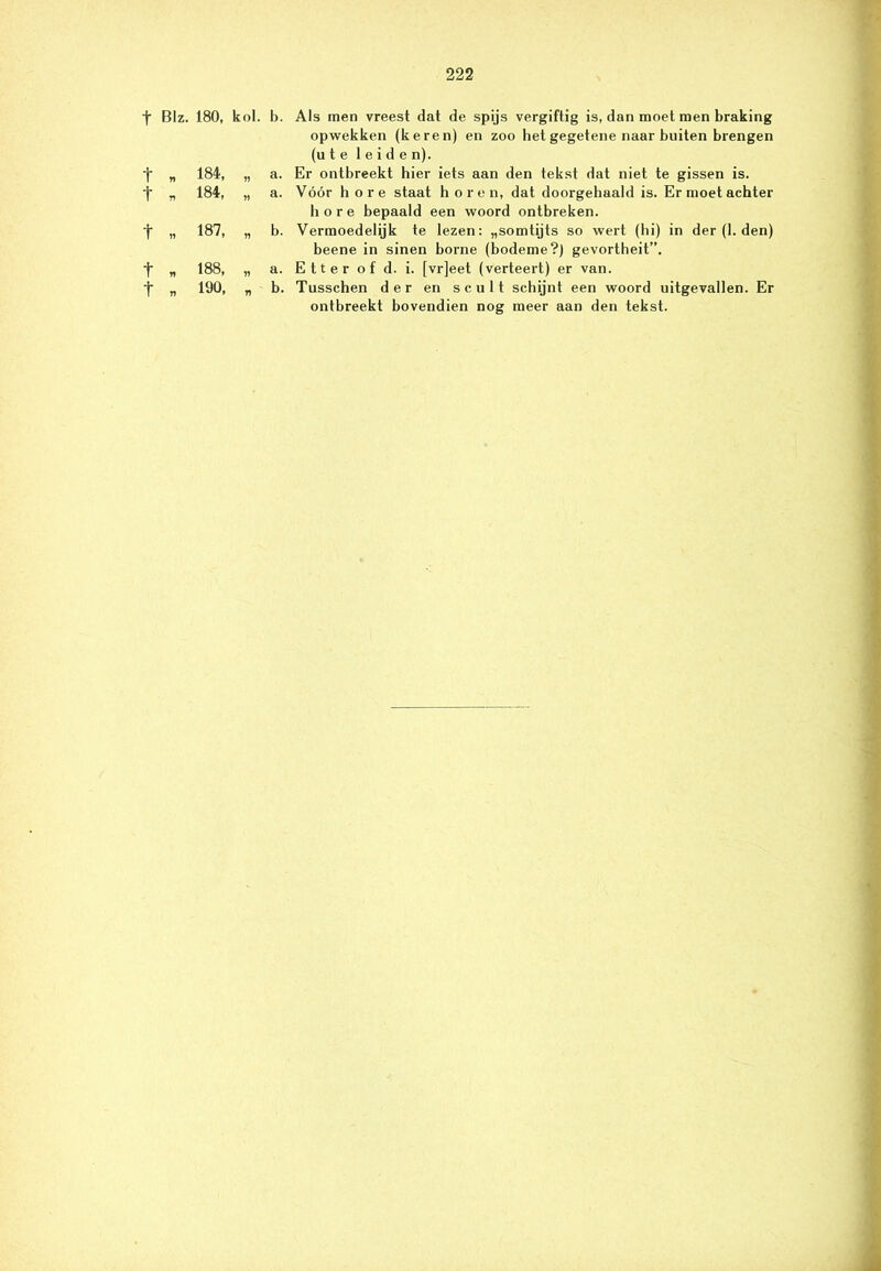 f Blz. 180, kol. b. t tï 184, „ a. t n 184, „ a. t „ 187, „ b. t n 188, „ a. t „ 190- „ b. Als men vreest dat de spijs vergiftig is, dan moet men braking opwekken (keren) en zoo het gegetene naar buiten brengen (u t e leiden). Er ontbreekt hier iets aan den tekst dat niet te gissen is. Vóór h o r e staat h o r e n, dat doorgehaald is. Er moet achter hore bepaald een woord ontbreken. Vermoedelijk te lezen: „somtijts so wert (hi) in der (1. den) beene in sinen borne (bodeme?) gevortheit”. Etter of d. i. [vr]eet (verteert) er van. Tusschen der en scult schijnt een woord uitgevallen. Er ontbreekt bovendien nog meer aan den tekst.