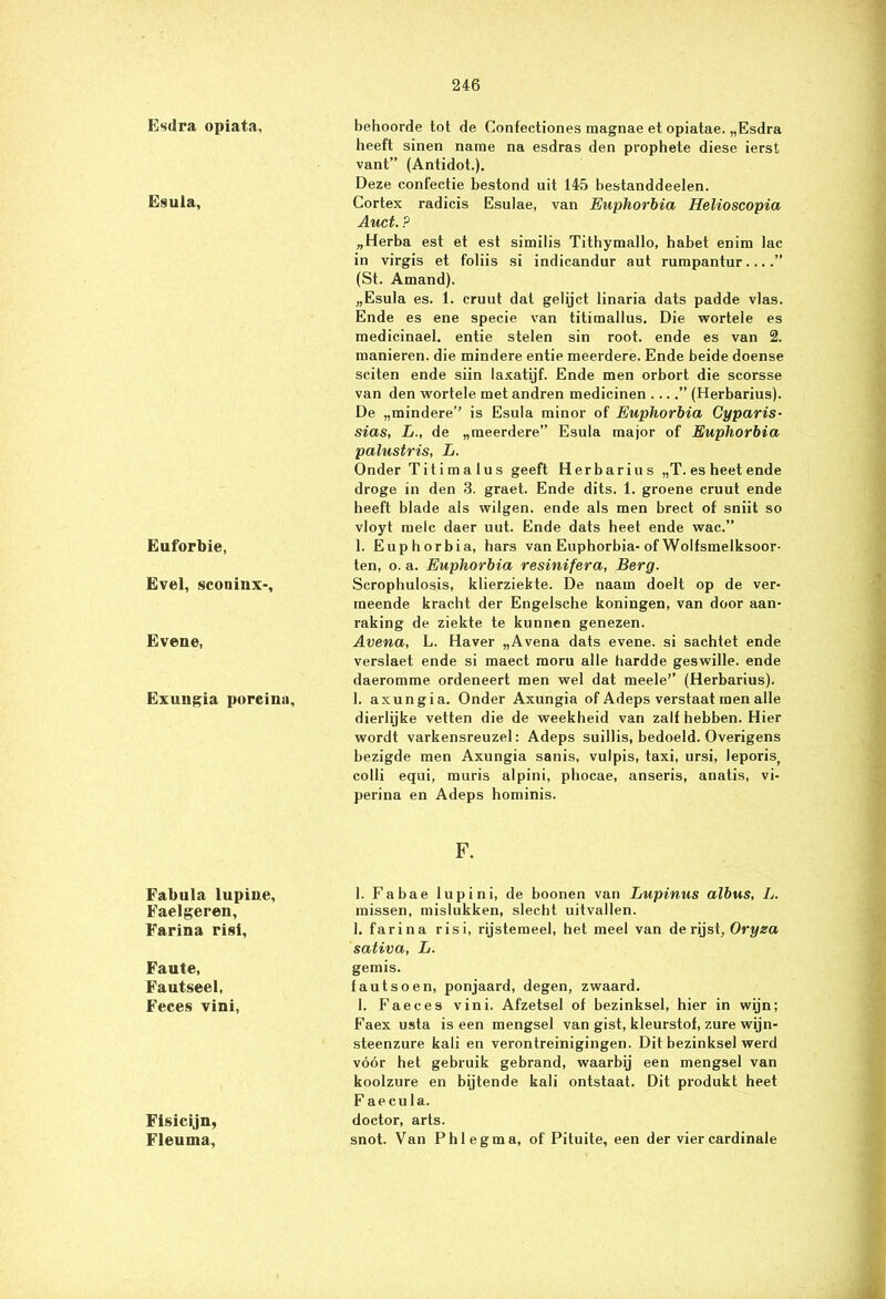 Esdra opiata, Esula, Euforbie, Evel, sconinx-. Evene, Exungia poreiua, Fabula lupiue, Faelgeren, Farina risi, Faute, Fautseel, Feces vini, Fisicijn, Fleuma, behoorde tot de Confectiones magnae et opiatae. „Esdra heeft sinen name na esdras den prophete diese ierst vant” (Antidot.). Deze confectie bestond uit 145 bestanddeelen. Cortex radicis Esulae, van Euphorbia Helioscopia Auct. P „Herba est et est similis Tithymallo, habet enim lac in virgis et foliis si indicandur aut rumpantur... (St. Amand). „Esula es. 1. cruut dat gelijct linaria dats padde vlas. Ende es ene specie van titimallus. Die wortele es medicinael. entie stelen sin root. ende es van 2. manieren, die mindere entie meerdere. Ende beide doense sciten ende siin laxatijf. Ende men orbort die scorsse van den wortele met andren medicinen ....” (Herbarius). De „mindere’’ is Esula minor of Euphorbia Cyparis- sias, L., de „meerdere” Esula major of Euphorbia palustris, L. Onder Titimalus geeft Herbarius „T. es heet ende droge in den 3. graet. Ende dits. 1. groene cruut ende heeft blade als wilgen, ende als men brect of sniit so vloyt melc daer uut. Ende dats heet ende wac.” 1. Euphorbia, hars van Euphorbia- ofWolfsmelksoor- ten, o. a. Euphorbia resinifera, Berg. Scrophulosis, klierziekte. De naam doelt op de ver- meende kracht der Engelsche koningen, van door aan- raking de ziekte te kunnen genezen. Avena, L. Haver „Avena dats evene. si sachtet ende verslaet ende si maect moru alle hardde geswille, ende daeromme ordeneert men wel dat meele’’ (Herbarius). 1. axungia. Onder Axungia of Adeps verstaat men alle dierlijke vetten die de weekheid van zalf hebben. Hier wordt varkensreuzel: Adeps suillis, bedoeld. Overigens bezigde men Axungia sanis, vulpis, taxi, ursi, leporis) colli equi, muris alpini, phocae, anseris, anatis, vi- perina en Adeps hominis. F. 1. Fabae lupini, de boonen van Lupinus albus, L. missen, mislukken, slecht uitvallen. 1. farina risi, rijstemeel, het meel van de rijst, Oryza sativa, L. gemis. fautsoen, ponjaard, degen, zwaard. 1. Faeces vini. Afzetsel of bezinksel, hier in wijn; Faex usta is een mengsel van gist, kleurstof, zure wijn- steenzure kali en verontreinigingen. Dit bezinksel werd vóór het gebruik gebrand, waarbij een mengsel van koolzure en bijtende kali ontstaat. Dit produkt heet Faecu la. doctor, arts. snot. Van Phlegma, of Pituite, een der vier cardinale