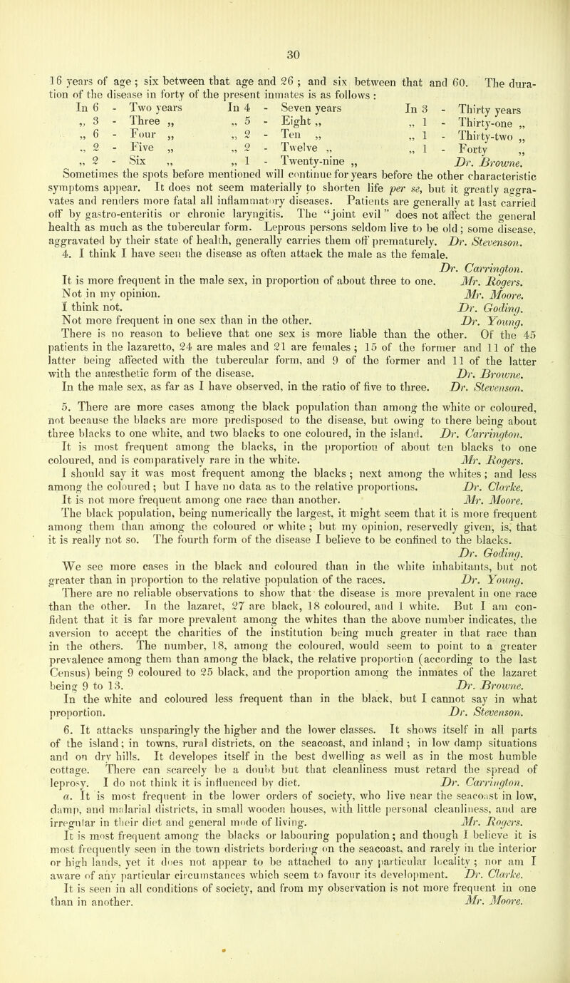 16 years of age ; six between that age and 26 ; and six between that and 60. The dura- tion of the disease in forty of the present inmates is as follows : In 6 3 Two years Three Four Five Six In In 3 „ 1 „ 1 „ 1 Thirty years Thirty-one „ Thirty-two „ Forty „ Dr. Drowne. Seven years Eight „ Ten „ Twelve „ Twenty-nine Sometimes the spots before mentioned will continue for years before the other characteristic symptoms appear. It does not seem materially to shorten life per se, but it greatly ago-ra- vates and renders more fatal all inflammatory diseases. Patients are generally at last carried off by gastro-enteritis or chronic laryngitis. The “joint evil ” does not affect the general health as much as the tubercular form. Leprous persons seldom live to be old; some disease, aggravated by their state of health, generally carries them off prematurely. Dr. Stevenson. 4. I think I have seen the disease as often attack the male as the female. Dr. Carrington. It is more frequent in the male sex, in proportion of about three to one. Not in my opinion. I think not. Not more frequent in one sex than in the other. There is no reason to believe that one sex is more liable than the Mr. Rogers. Mr. Moore. Dr. Coding. Dr. Young. other. Of the 45 patients in the lazaretto, 24 are males and 21 are females ; 15 of the former and 11 of the latter being affected with the tubercular form, and 9 of the former and 11 of the latter with the ansesthetic form of the disease. Dr. Drowne. In the male sex, as far as I have observed, in the ratio of five to three. Dr. Stevenson. 5. There are more cases among the black population than among the white or coloured, not because the blacks are more predisposed to the disease, but owing to there being about three blacks to one white, and two blacks to one coloured, in the island. Dr. Carrington. It is most frequent among the blacks, in the proportion of about ten blacks to one coloured, and is comparatively rare in the white. Mr. Rogers. 1 should say it was most frequent among the blacks ; next among the whites; and less among the coloured ; but I have no data as to the relative proportions. Dr. Clarice. It is not more frequent among one race than another. Mr. Moore. The black population, being numerically the largest, it might seem that it is more frequent among them than among the coloured or white ; but my opinion, reservedly given, is, that it is really not so. The fourth form of the disease I believe to be confined to the blacks. Dr. Coding. We see more cases in the black and coloured than in the white inhabitants, but not greater than in proportion to the relative population of the races. Dr. Young. There are no reliable observations to show that the disease is more prevalent in one race than the other. In the lazaret, 27 are black, 18 coloured, and 1 white. But I am con- fident that it is far more prevalent among the whites than the above number indicates, the aversion to accept the charities of the institution being much greater in that race than in the others. The number, 18, among the coloured, would seem to point to a greater prevalence among them than among the black, the relative proportion (according to the last Census) being 9 coloured to 25 black, and the proportion among the inmates of the lazaret being 9 to 13. Dr. Drowne. In the white and coloured less frequent than in the black, but I cannot say in what proportion. Dr. Stevenson. 6. It attacks unsparingly the higher and the lower classes. It shows itself in all parts of the island; in towns, rural districts, on the seacoast, and inland; in low damp situations and on dry hills. It developes itself in the best dwelling as well as in the most humble cottage. There can scarcely be a doubt but that cleanliness must retard the spread of leprosy, I do not think it is influenced by diet. Dr. Carrington. a. It is most frequent in the lower orders of society, who live near the seacoast in low, damp, and malarial districts, in small wooden houses, with little personal cleanliness, and are irregular in tl)eir diet and general mode of living. Mr. Rogers. It is most frequent among the blacks or labouring population; and though I believe it is most frequently seen in the town districts bordering on the seacoast, and rarely in the interior or high lands, yet it dues not appear to be attached to any particular locality ; nor am I aware of anv particular circumstances which seem to favour its development. Dr. Clarke. It is seen in all conditions of society, and from my observation is not more frequent in one than in another. Mr. Moore.